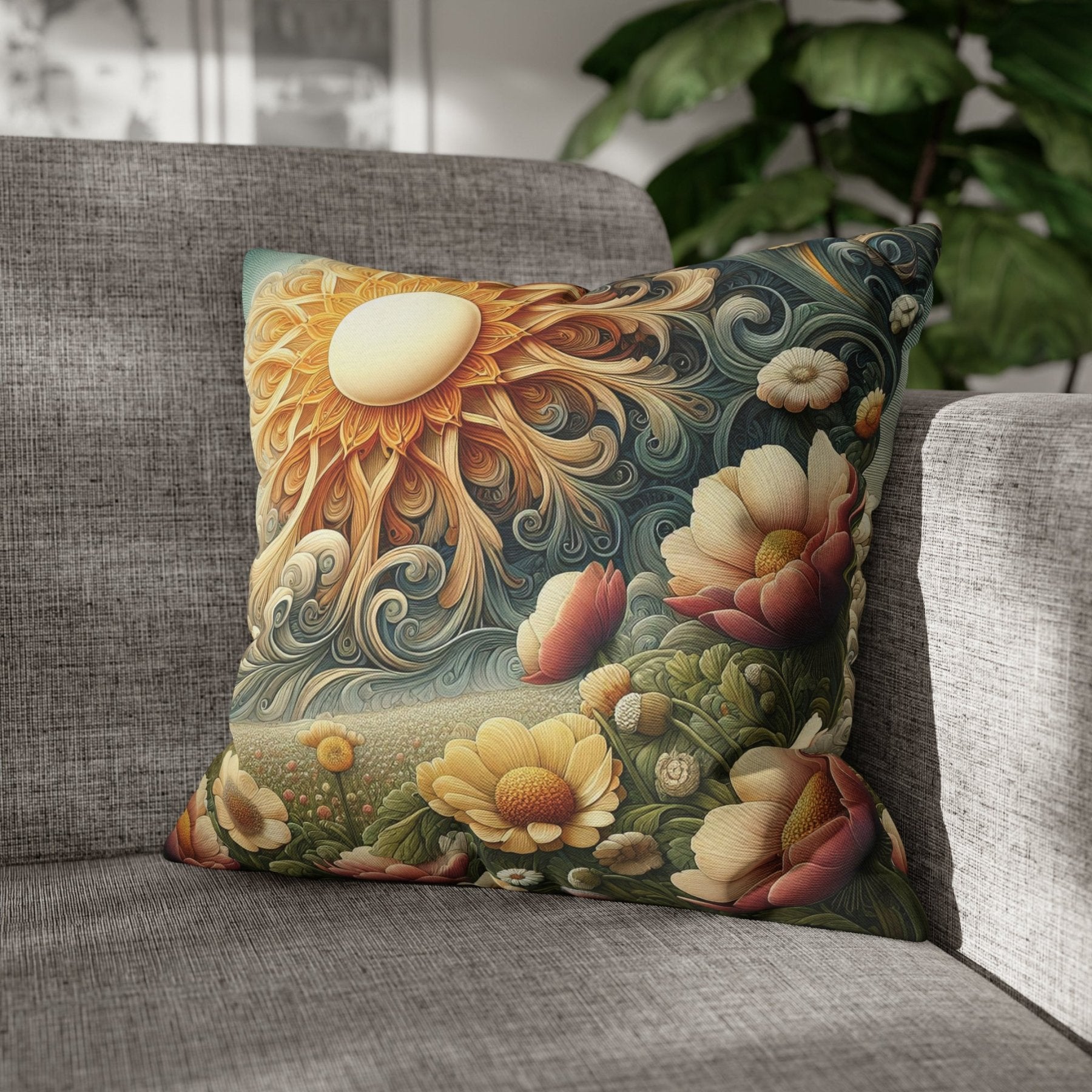 Sun & Flowers Throw Pillow Cover, Throw Pillow Case, Qty 1, (15) - Janlyn's Crafts