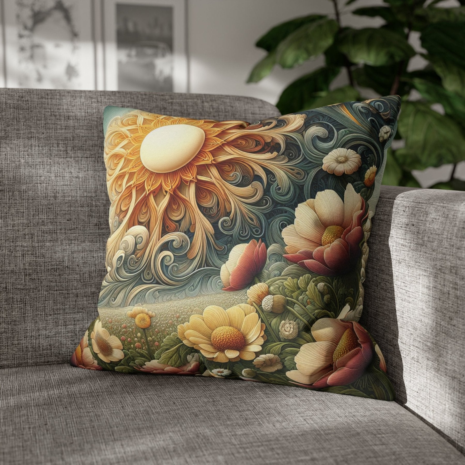 Sun & Flowers Throw Pillow Cover, Throw Pillow Case, Qty 1, (15) - Janlyn's Crafts