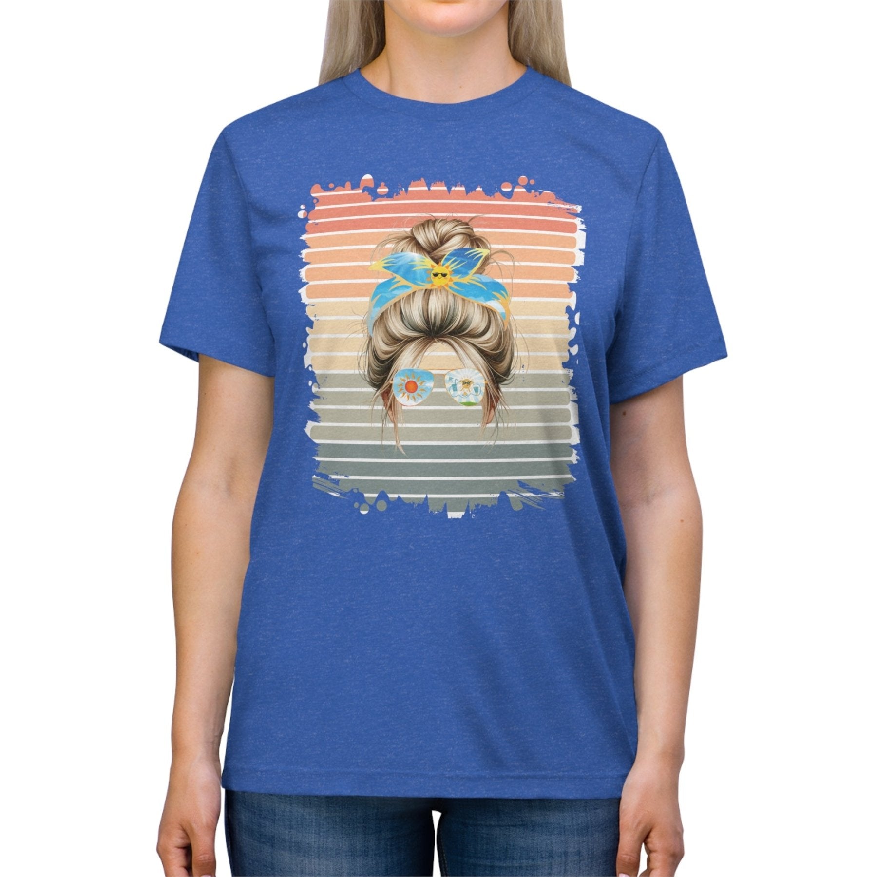 Sun Retro, Blond Hair Messy Bun, Unisex Triblend T - Shirt - Janlyn's Crafts