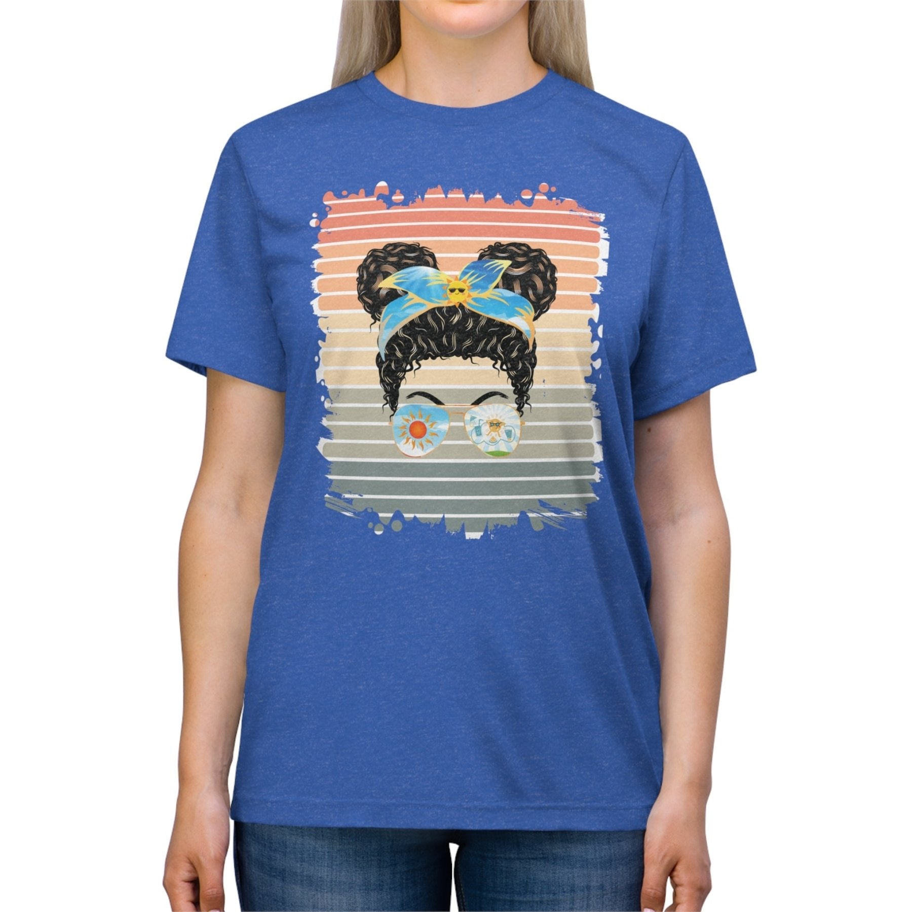 Sun Retro, Dark Hair Messy Bun, Unisex Triblend T - Shirt - Janlyn's Crafts