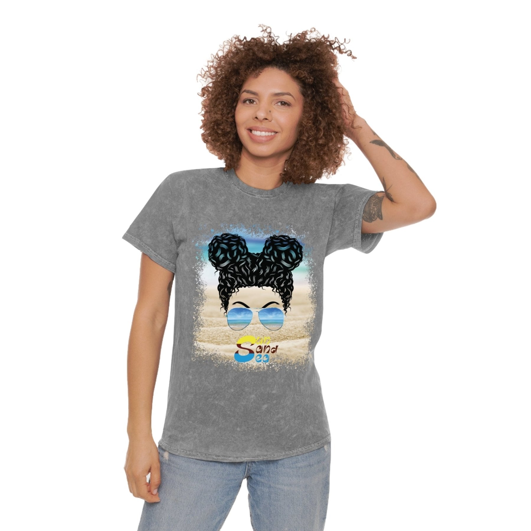 Sun San Sea, Black Hair Messy Bun, Unisex Mineral Wash T-Shirt - Janlyn's Crafts