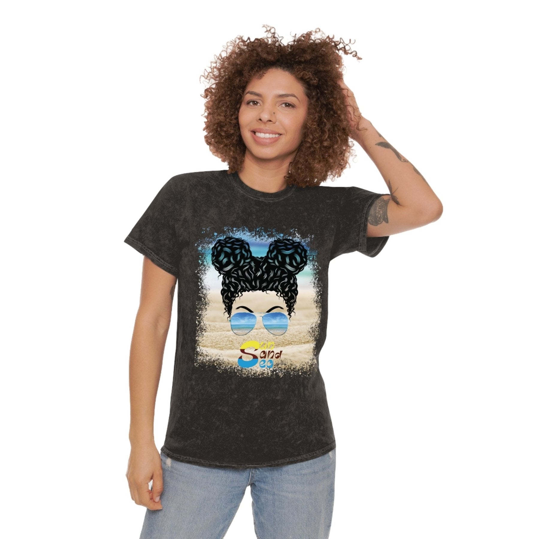 Sun San Sea, Black Hair Messy Bun, Unisex Mineral Wash T-Shirt - Janlyn's Crafts