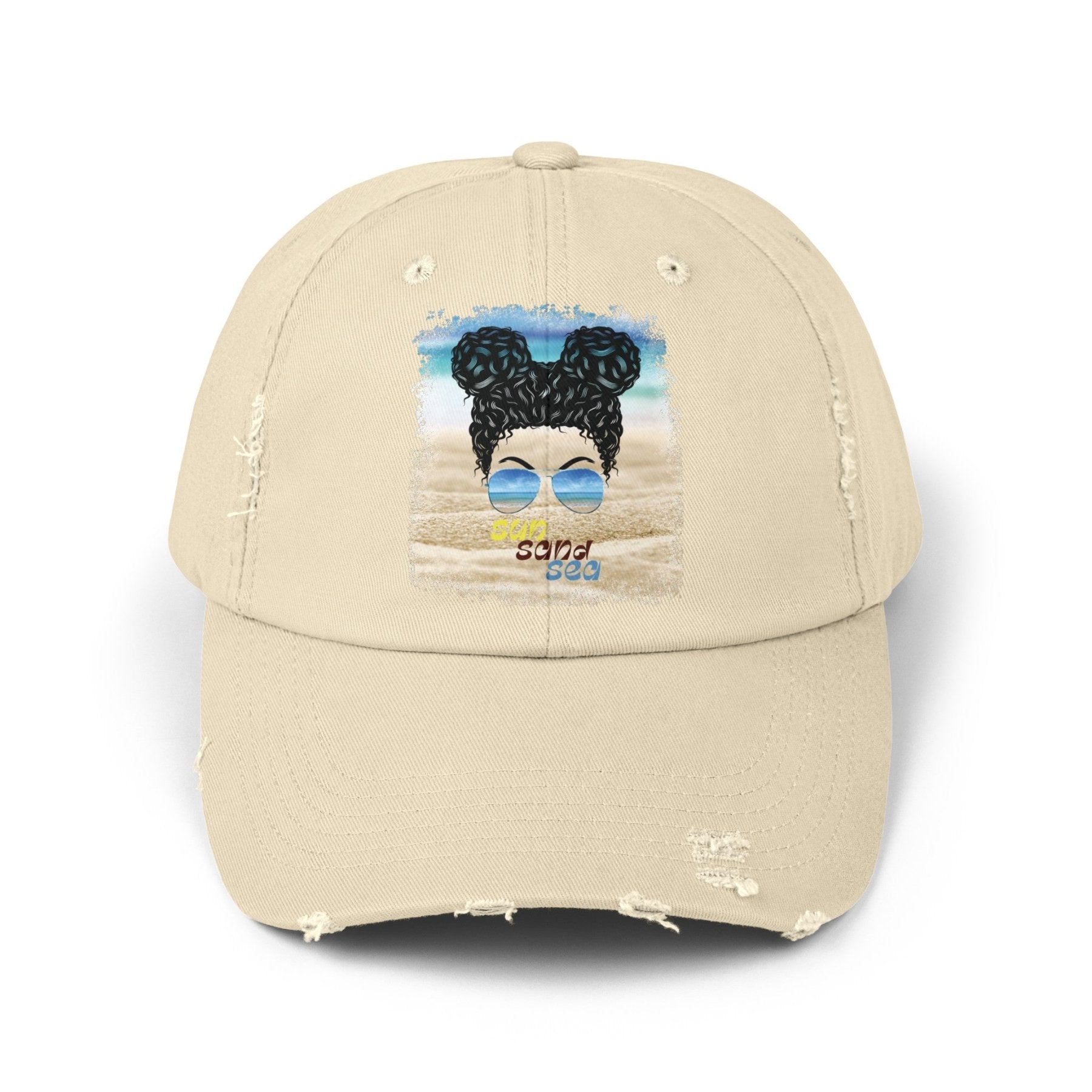 sun sand sea, Black Hair Messy Bun, Unisex Distressed Cap - Janlyn's Crafts