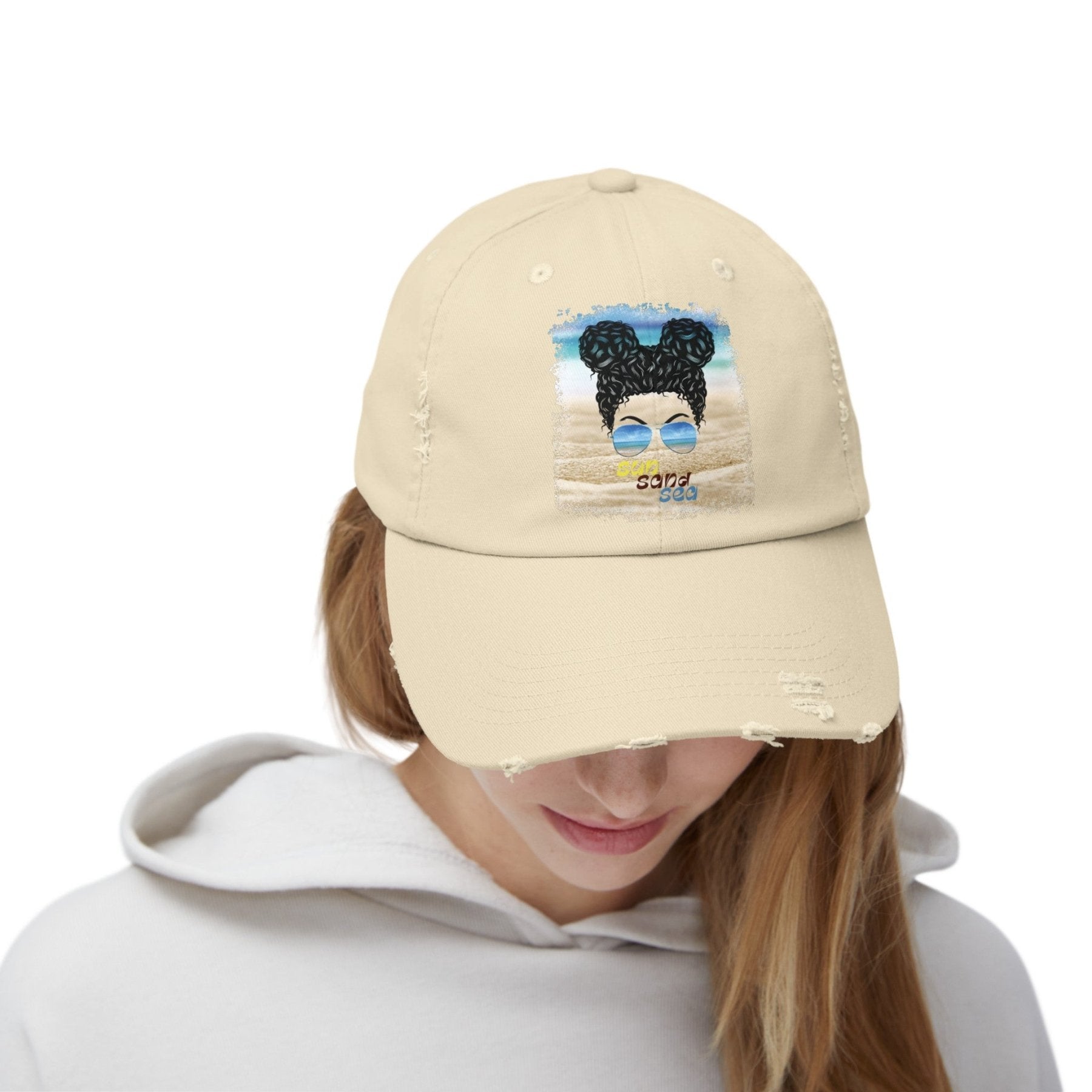 sun sand sea, Black Hair Messy Bun, Unisex Distressed Cap - Janlyn's Crafts