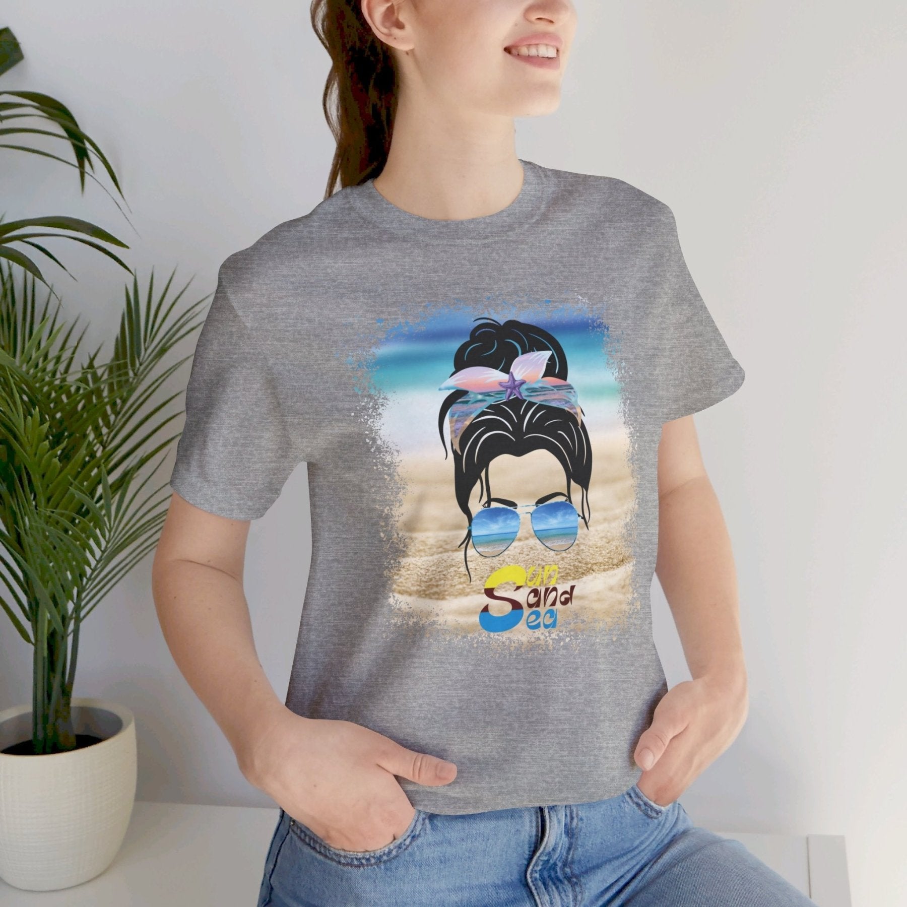 Sun Sand Sea, Black Hair Messy Bun, Unisex Jersey Short Sleeve Tee - Janlyn's Crafts