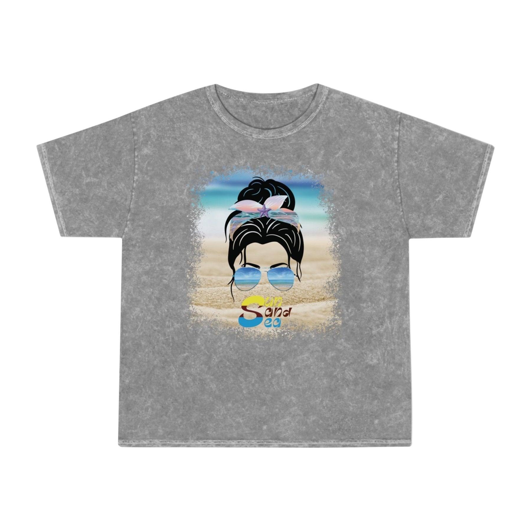 Sun Sand Sea, Black Hair Messy Bun, Unisex Mineral Wash T-Shirt - Janlyn's Crafts