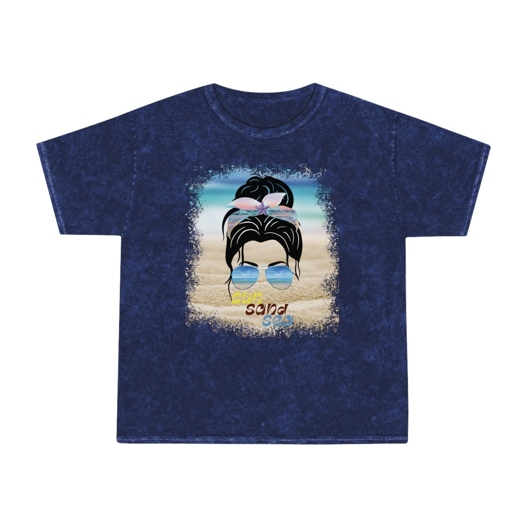 sun sand sea, Black Hair Messy Bun, Unisex Mineral Wash T-Shirt - Janlyn's Crafts