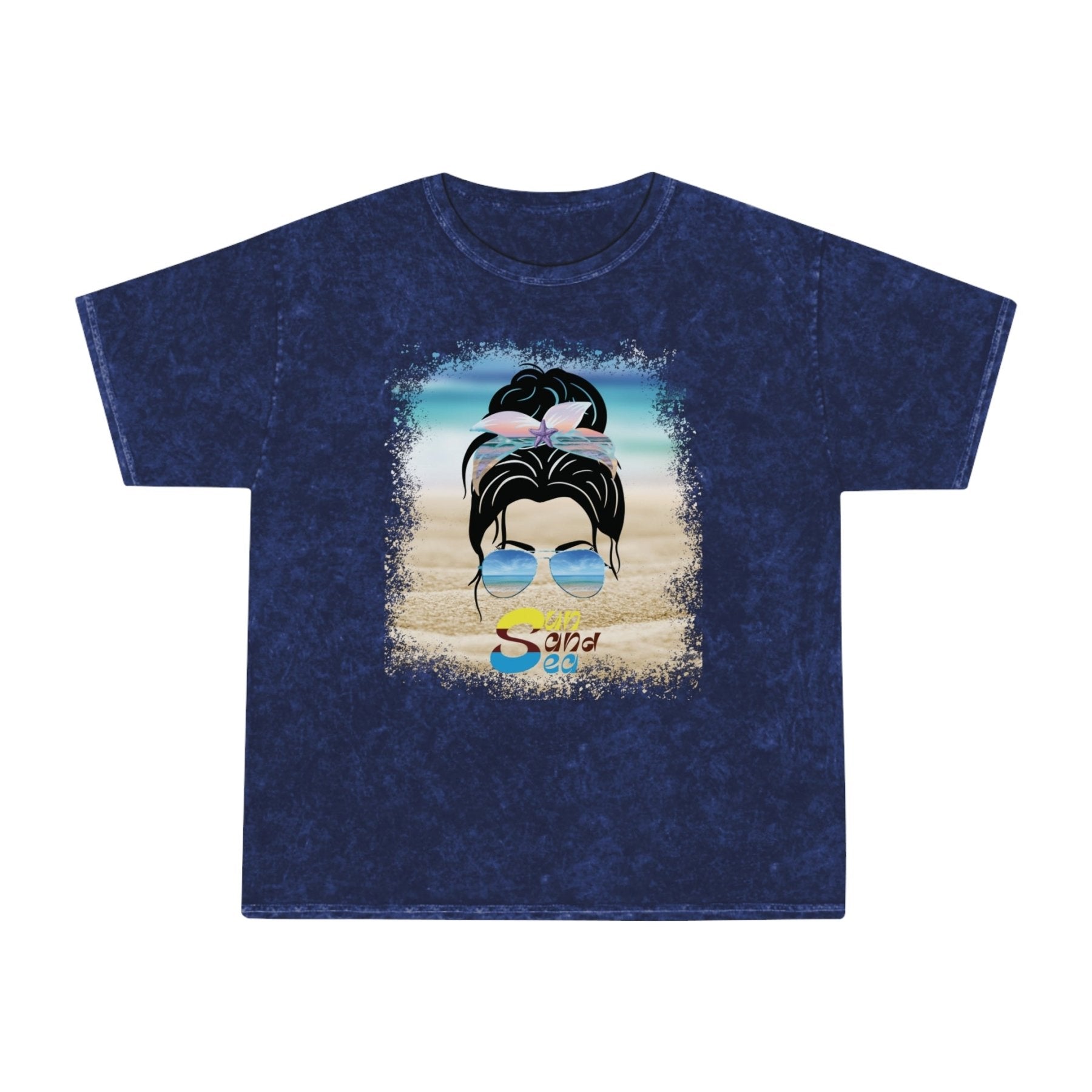 Sun Sand Sea, Black Hair Messy Bun, Unisex Mineral Wash T-Shirt - Janlyn's Crafts