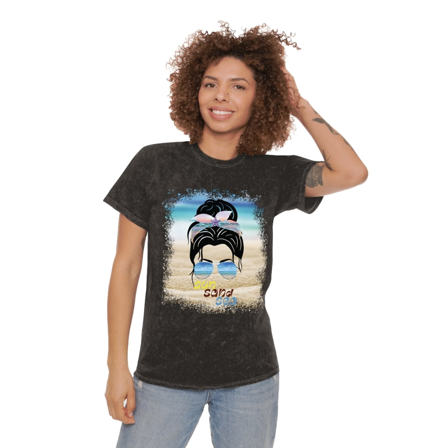 sun sand sea, Black Hair Messy Bun, Unisex Mineral Wash T-Shirt - Janlyn's Crafts