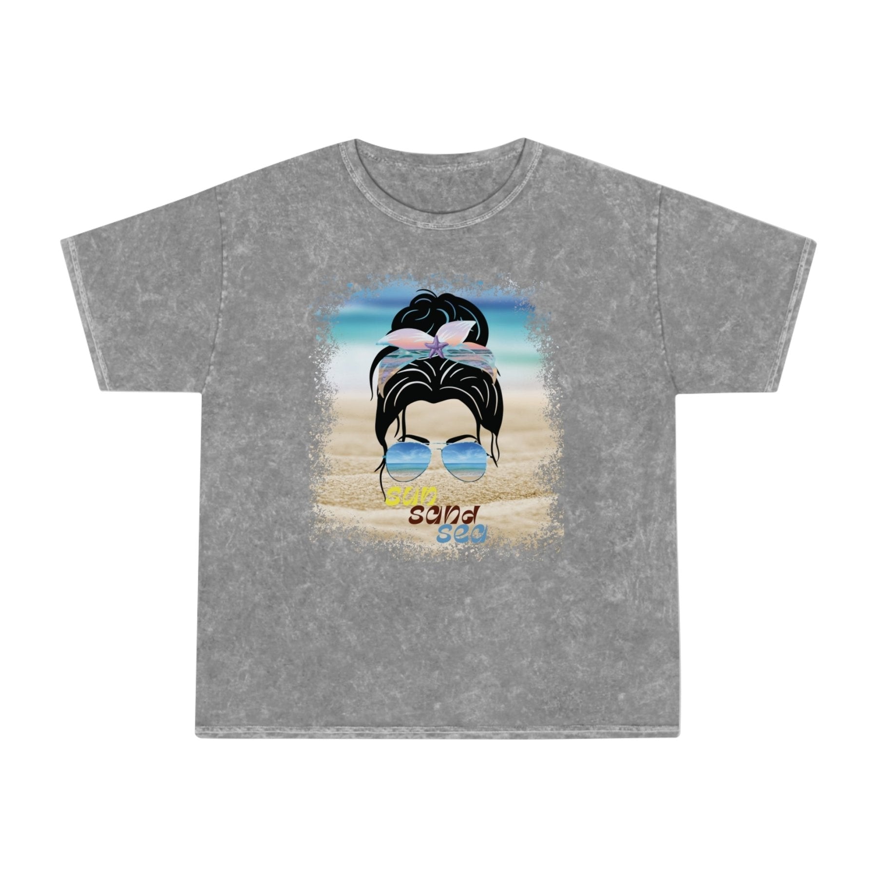 sun sand sea, Black Hair Messy Bun, Unisex Mineral Wash T-Shirt - Janlyn's Crafts