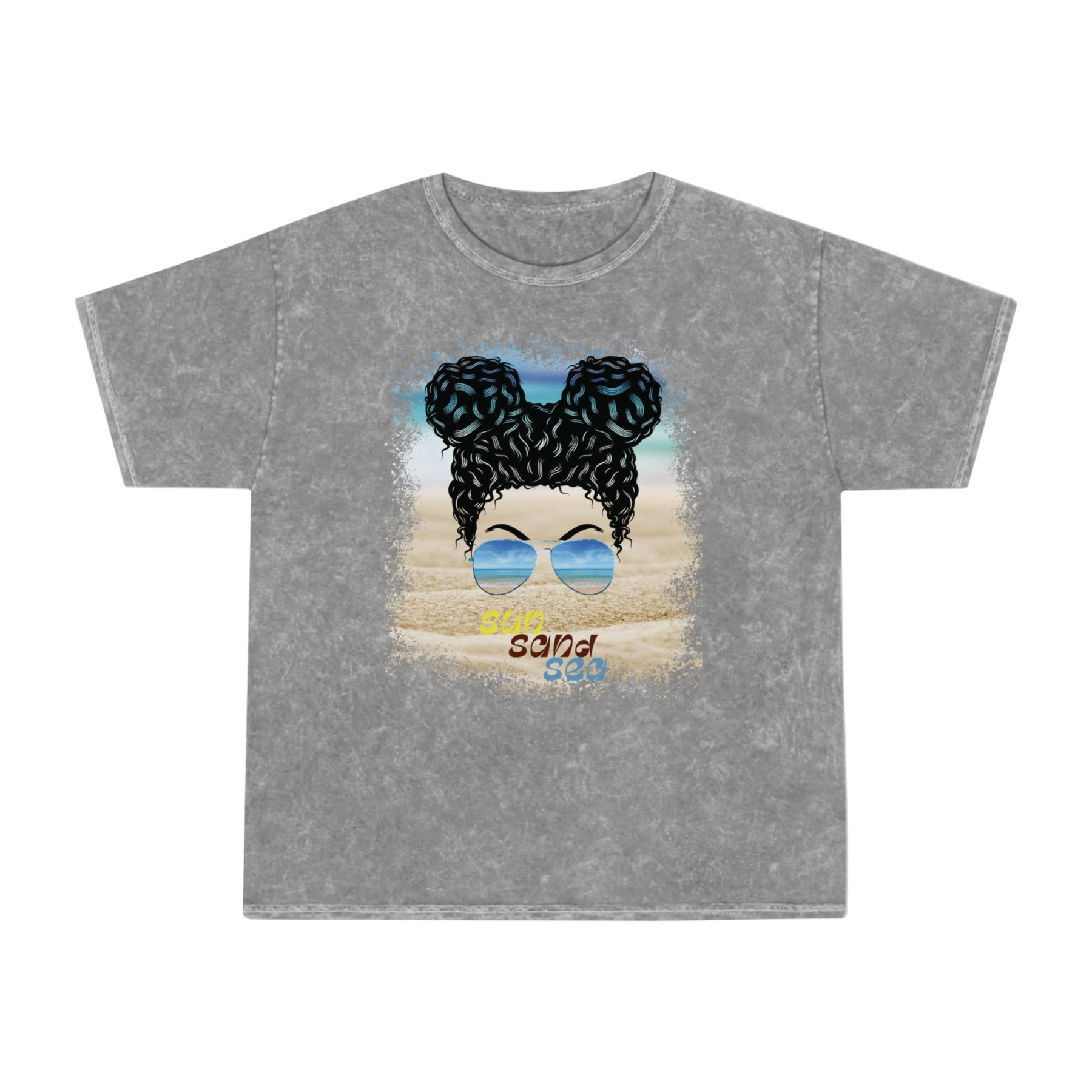 sun sand sea, Black Hair Messy Bun, Unisex Mineral Wash T-Shirt - Janlyn's Crafts