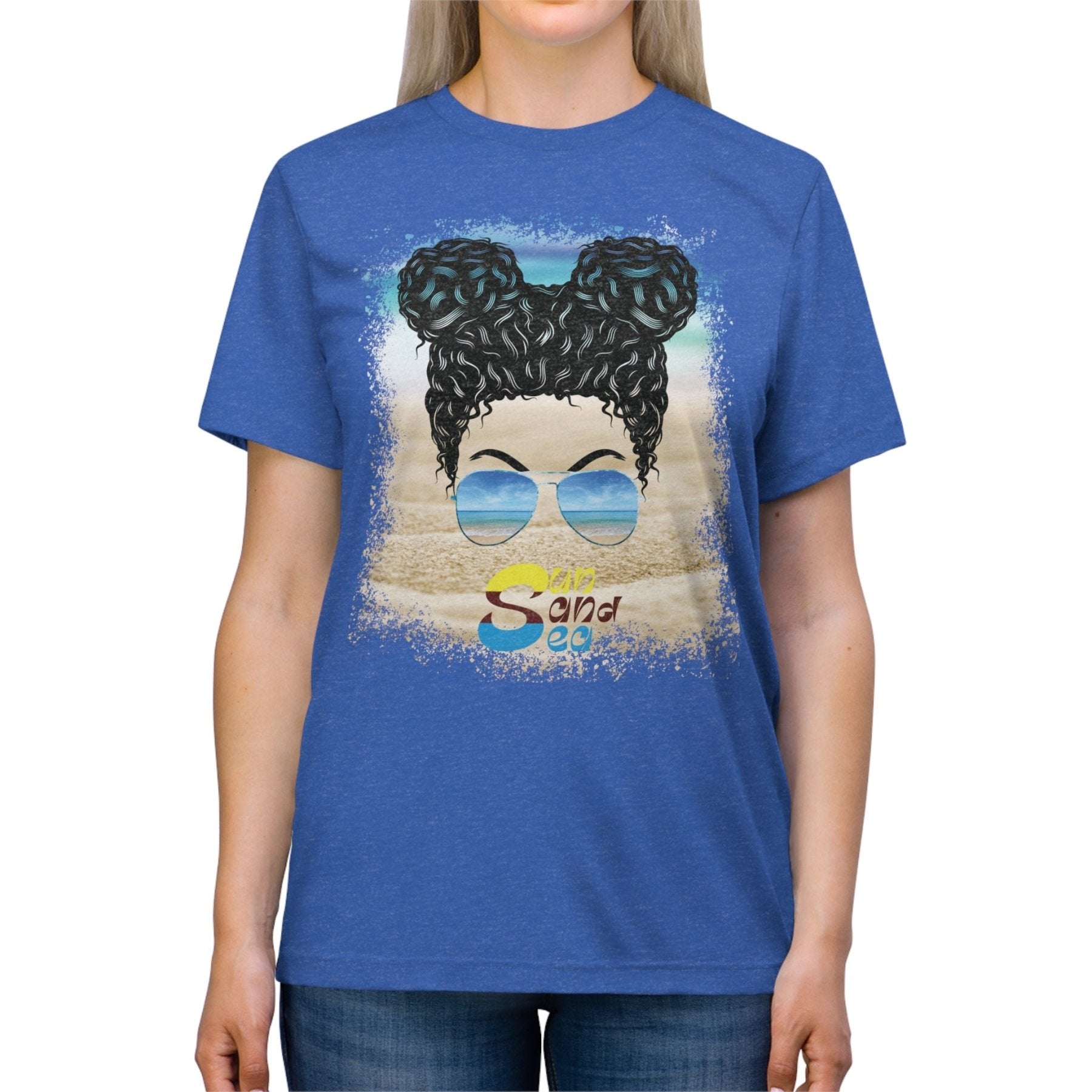 Sun Sand Sea, Black Hair Messy Bun, Unisex Triblend T-Shirt - Janlyn's Crafts