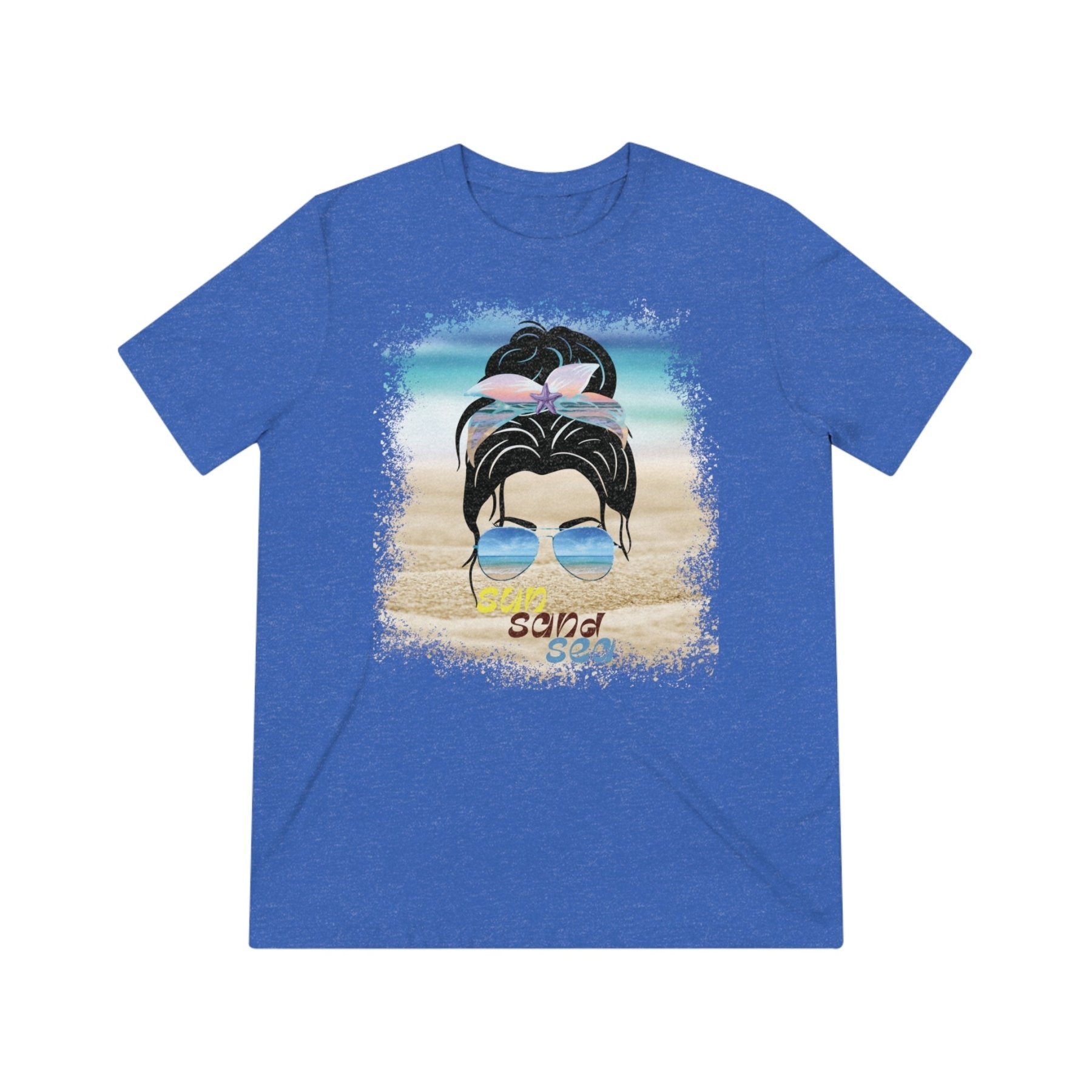 sun sand sea, Black Hair Messy Bun, Unisex Triblend T-Shirt - Janlyn's Crafts