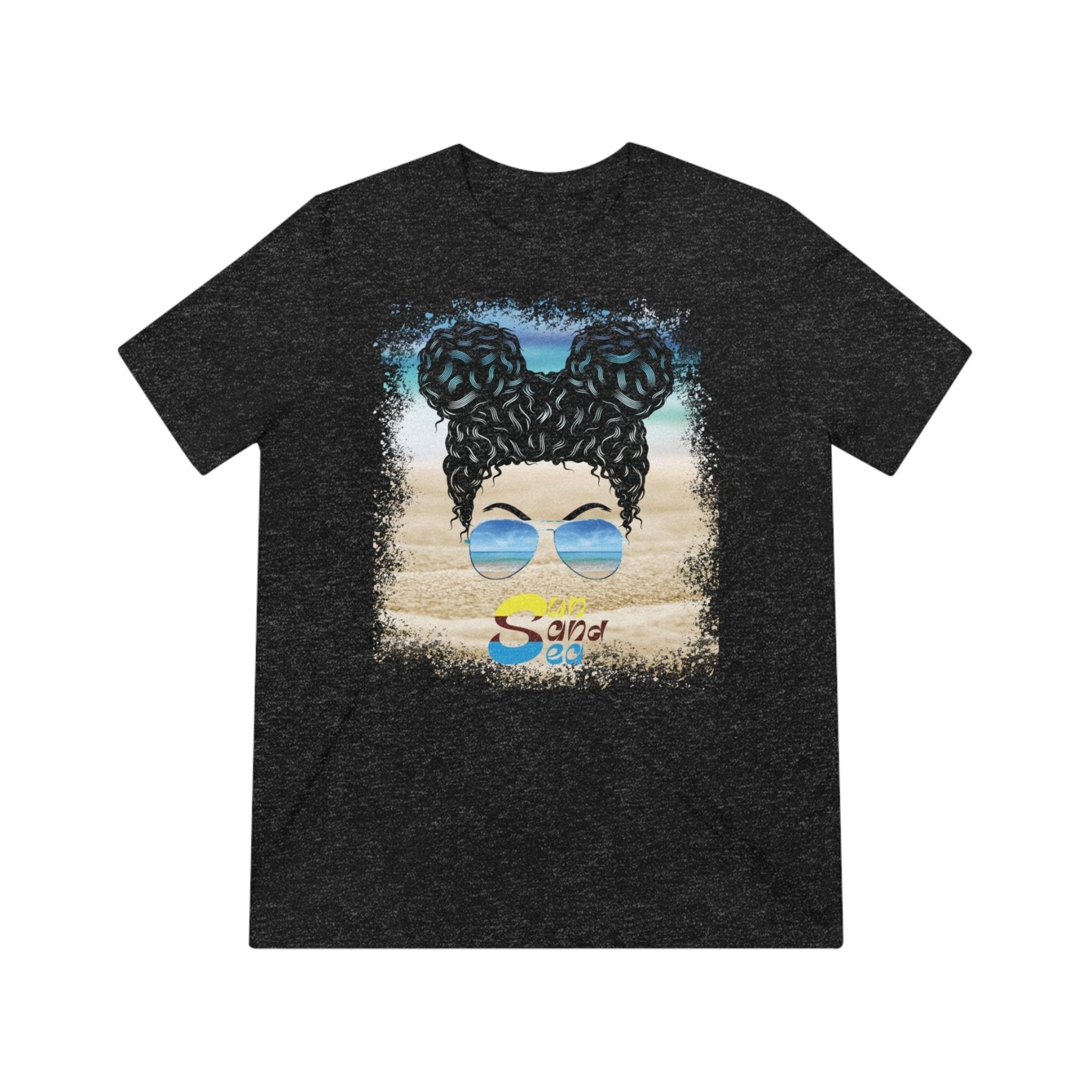 Sun Sand Sea, Black Hair Messy Bun, Unisex Triblend T-Shirt - Janlyn's Crafts