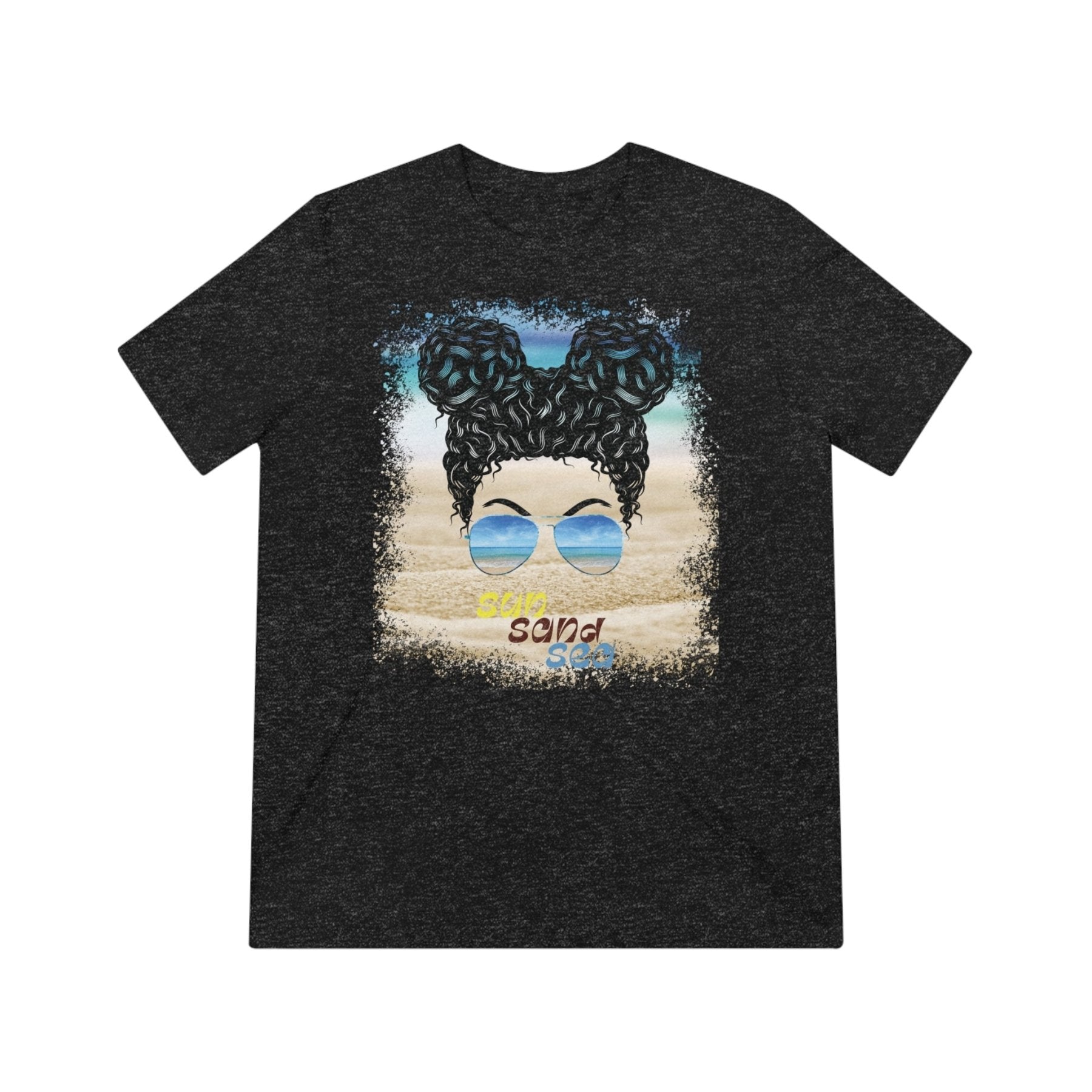 sun sand sea, Black Hair Messy Bun, Unisex Triblend T-Shirt - Janlyn's Crafts