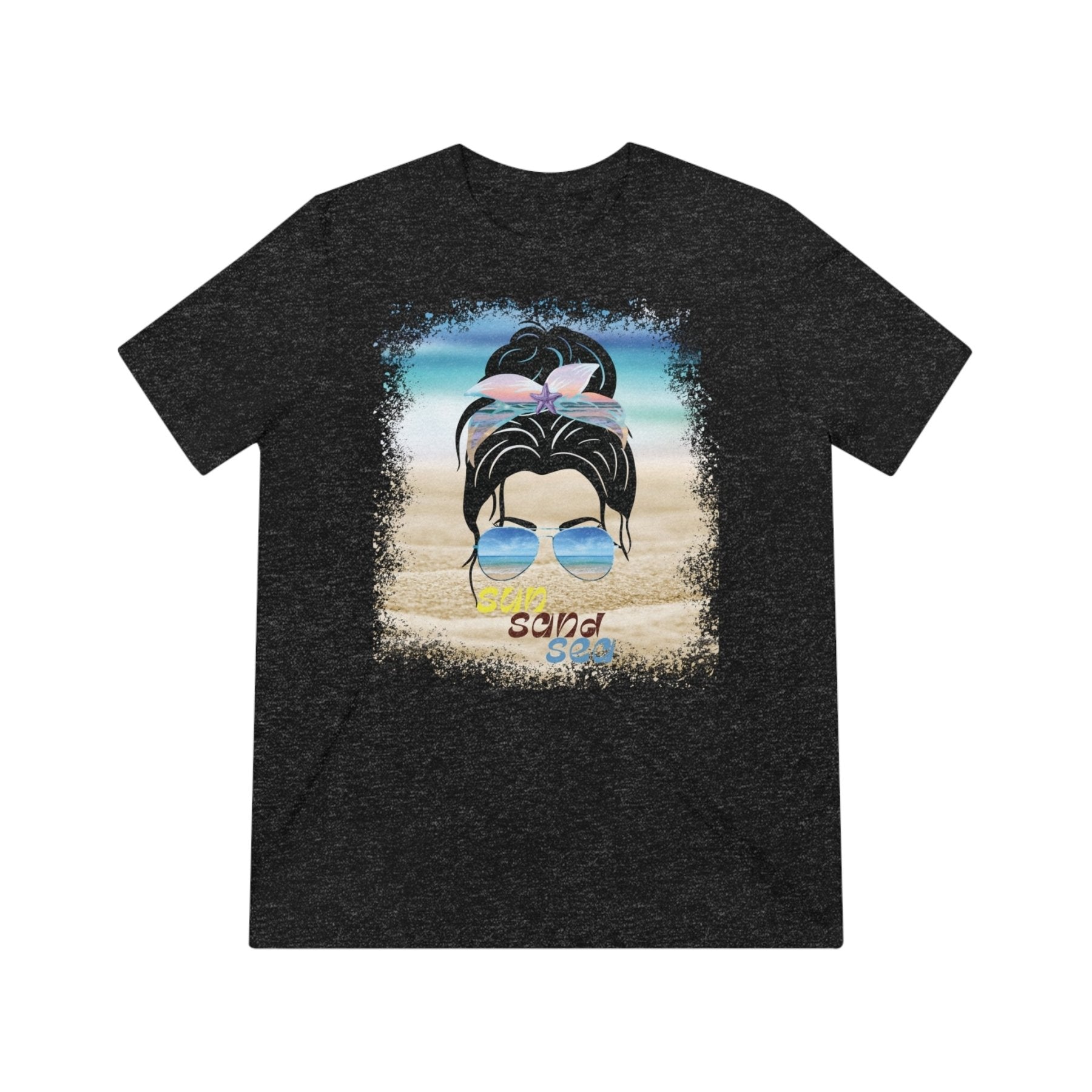 sun sand sea, Black Hair Messy Bun, Unisex Triblend T-Shirt - Janlyn's Crafts