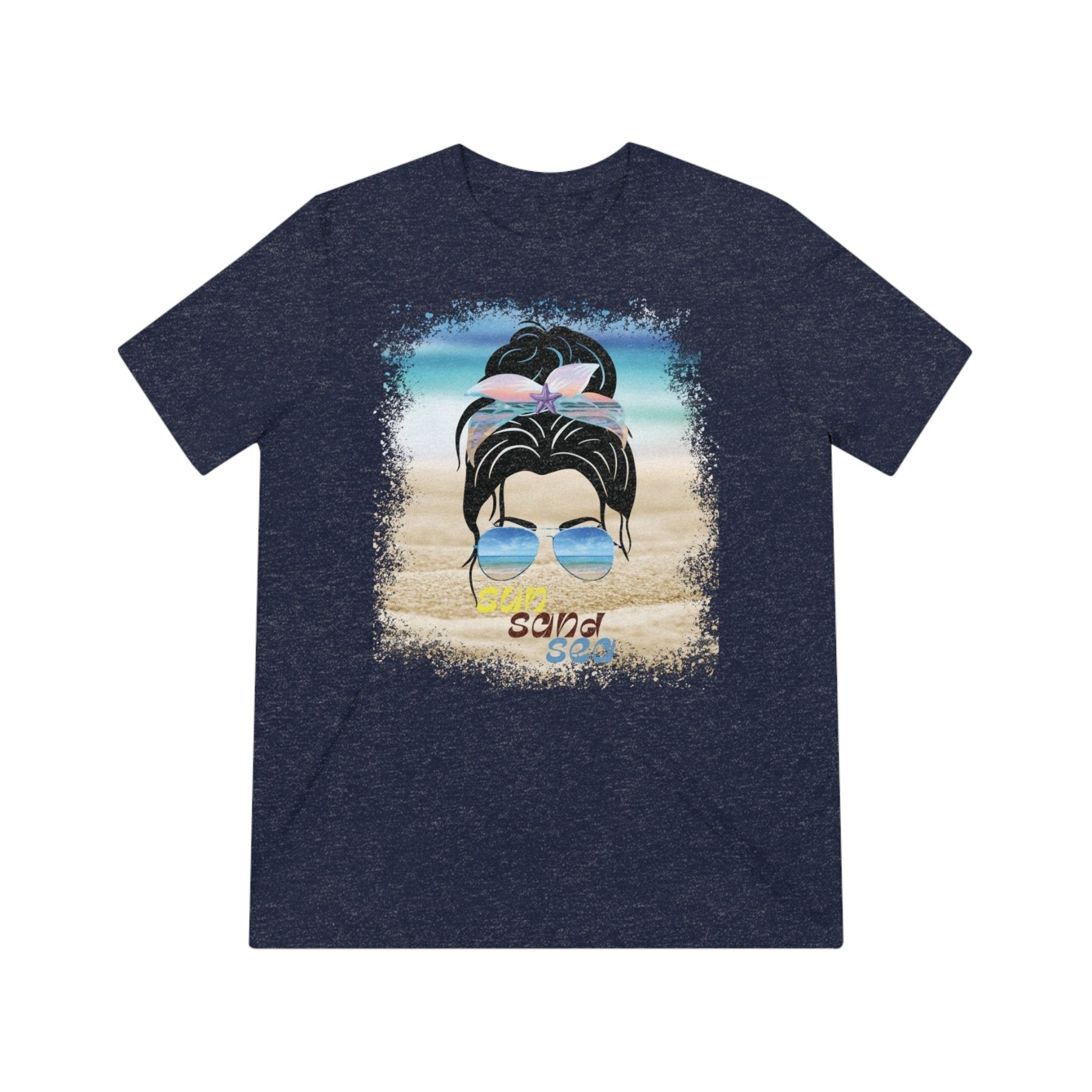 sun sand sea, Black Hair Messy Bun, Unisex Triblend T-Shirt - Janlyn's Crafts