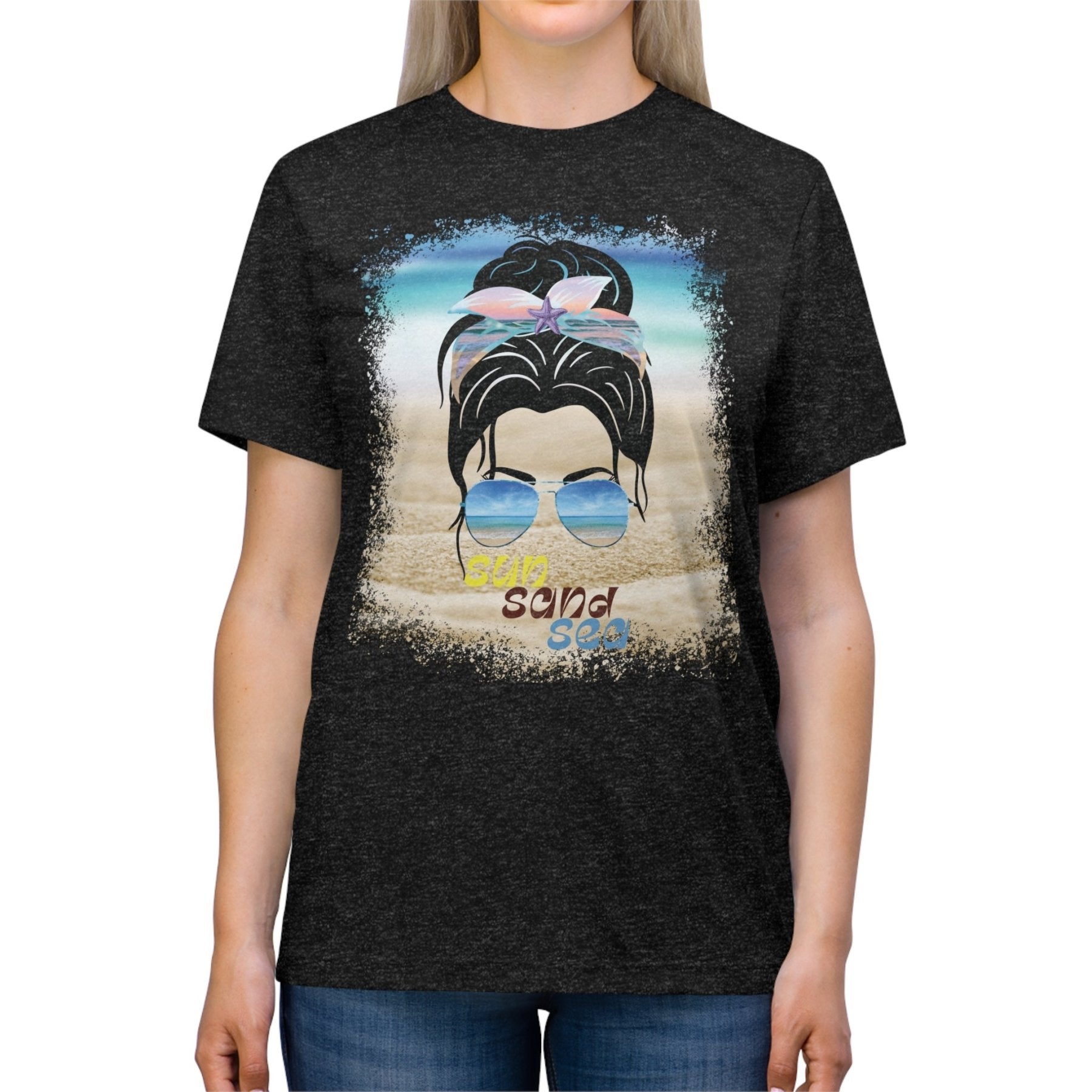 sun sand sea, Black Hair Messy Bun, Unisex Triblend T-Shirt - Janlyn's Crafts