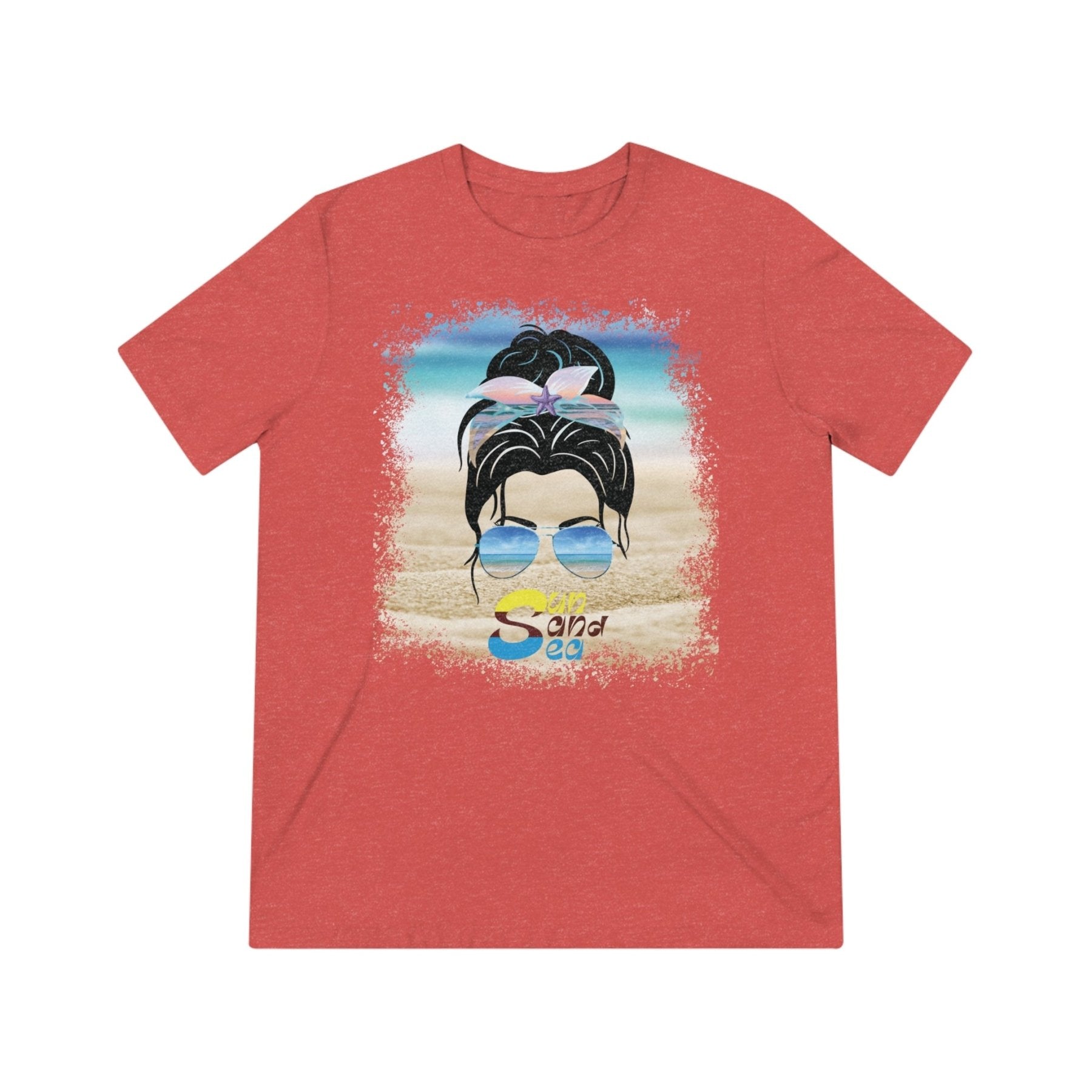 Sun Sand Sea, Black Hair Messy Bun, Unisex Triblend T-Shirt - Janlyn's Crafts