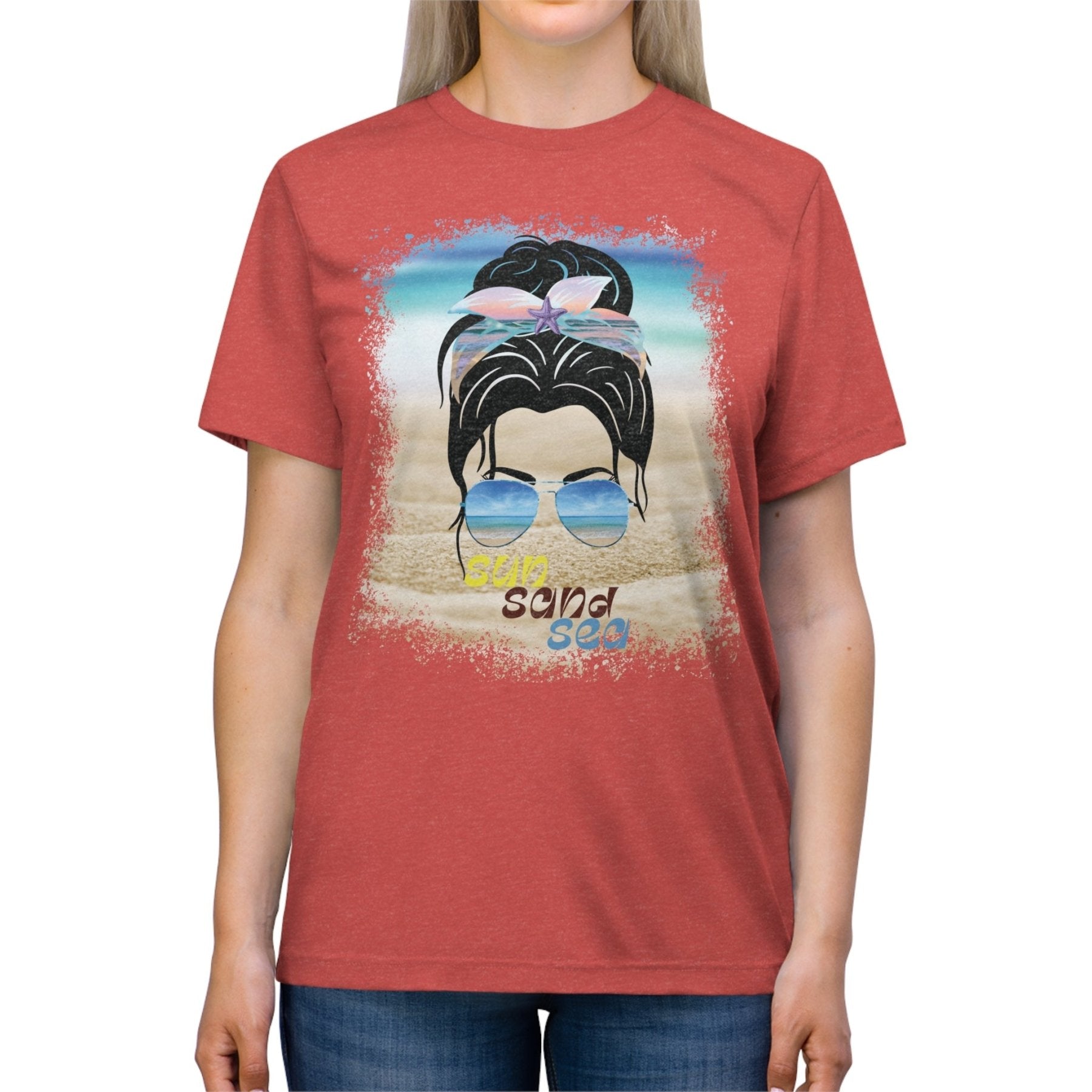 sun sand sea, Black Hair Messy Bun, Unisex Triblend T-Shirt - Janlyn's Crafts