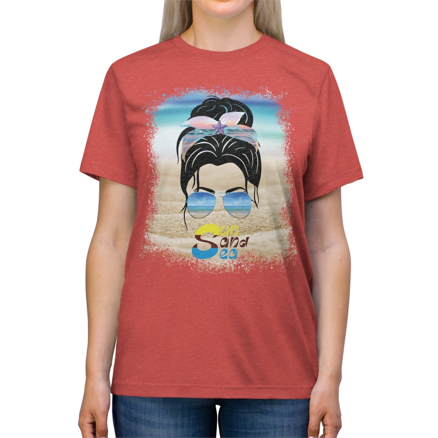 Sun Sand Sea, Black Hair Messy Bun, Unisex Triblend T-Shirt - Janlyn's Crafts