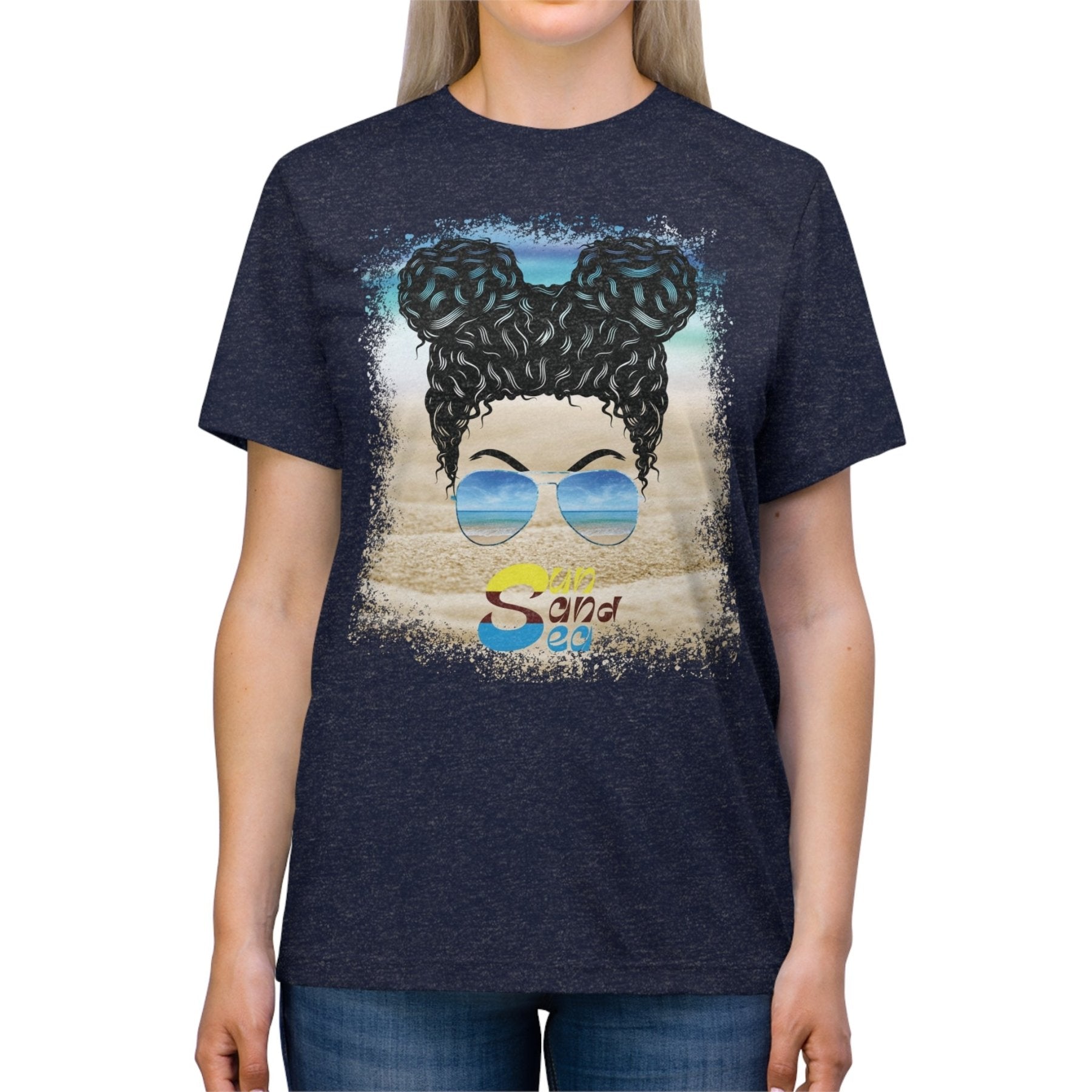 Sun Sand Sea, Black Hair Messy Bun, Unisex Triblend T-Shirt - Janlyn's Crafts