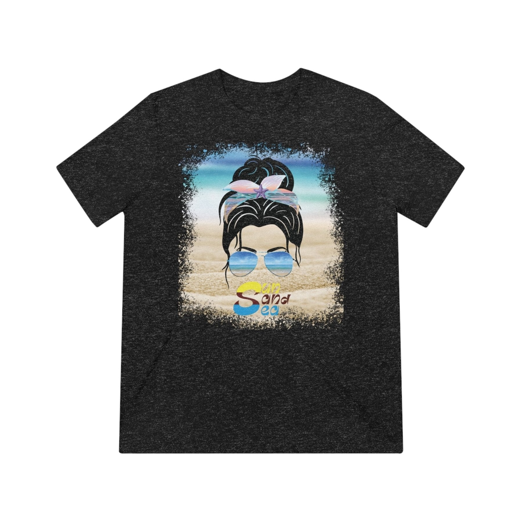 Sun Sand Sea, Black Hair Messy Bun, Unisex Triblend T-Shirt - Janlyn's Crafts