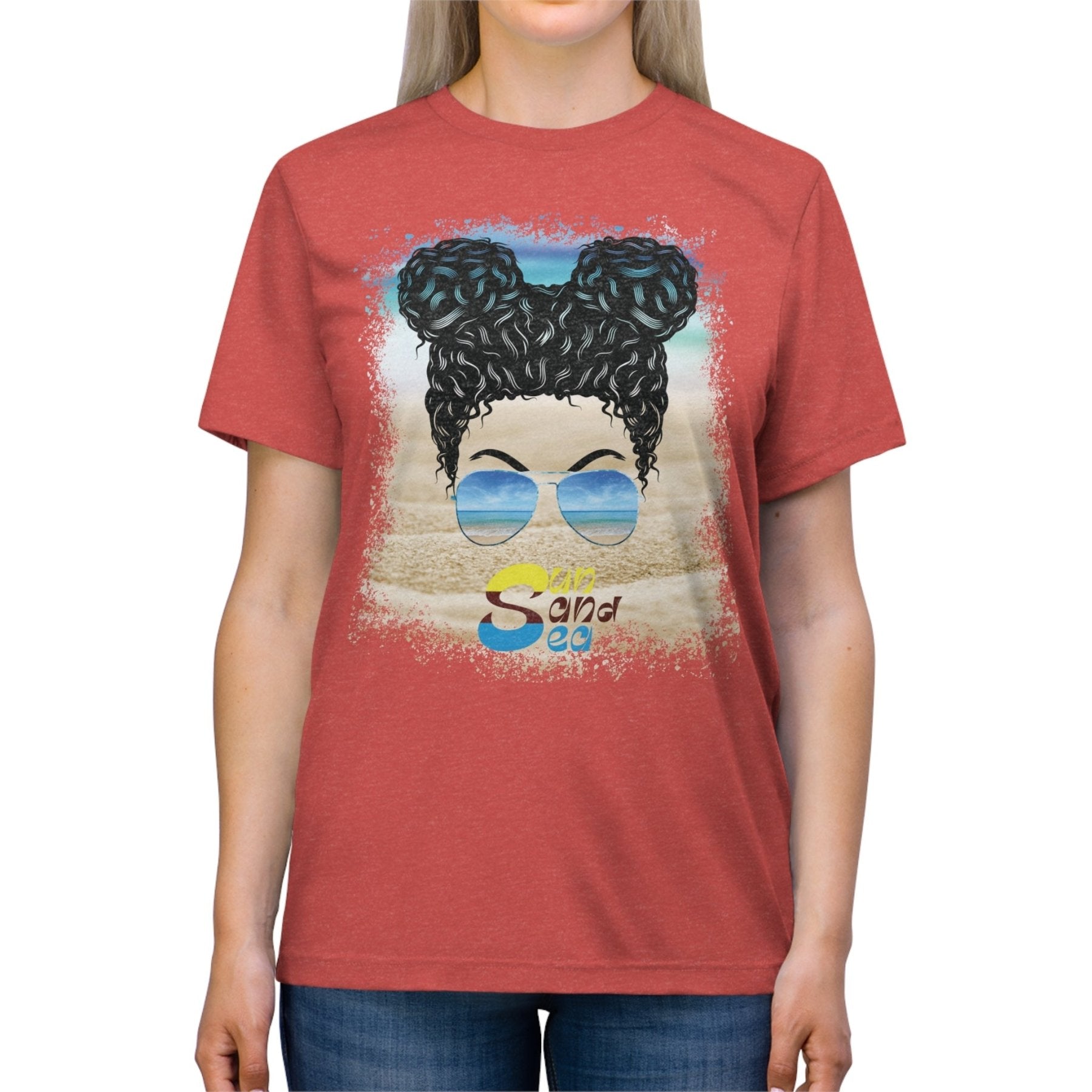 Sun Sand Sea, Black Hair Messy Bun, Unisex Triblend T-Shirt - Janlyn's Crafts