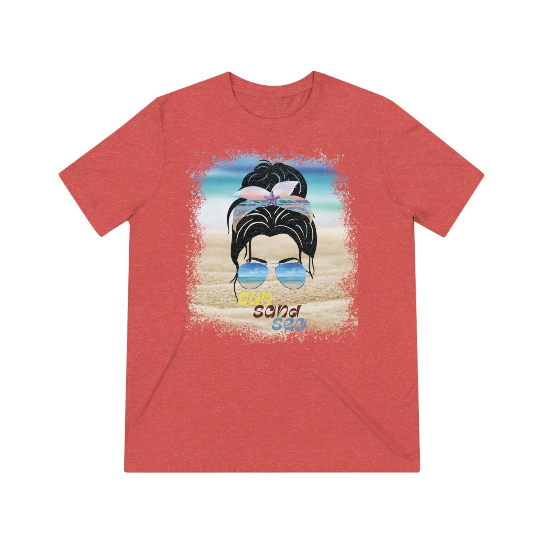 sun sand sea, Black Hair Messy Bun, Unisex Triblend T-Shirt - Janlyn's Crafts