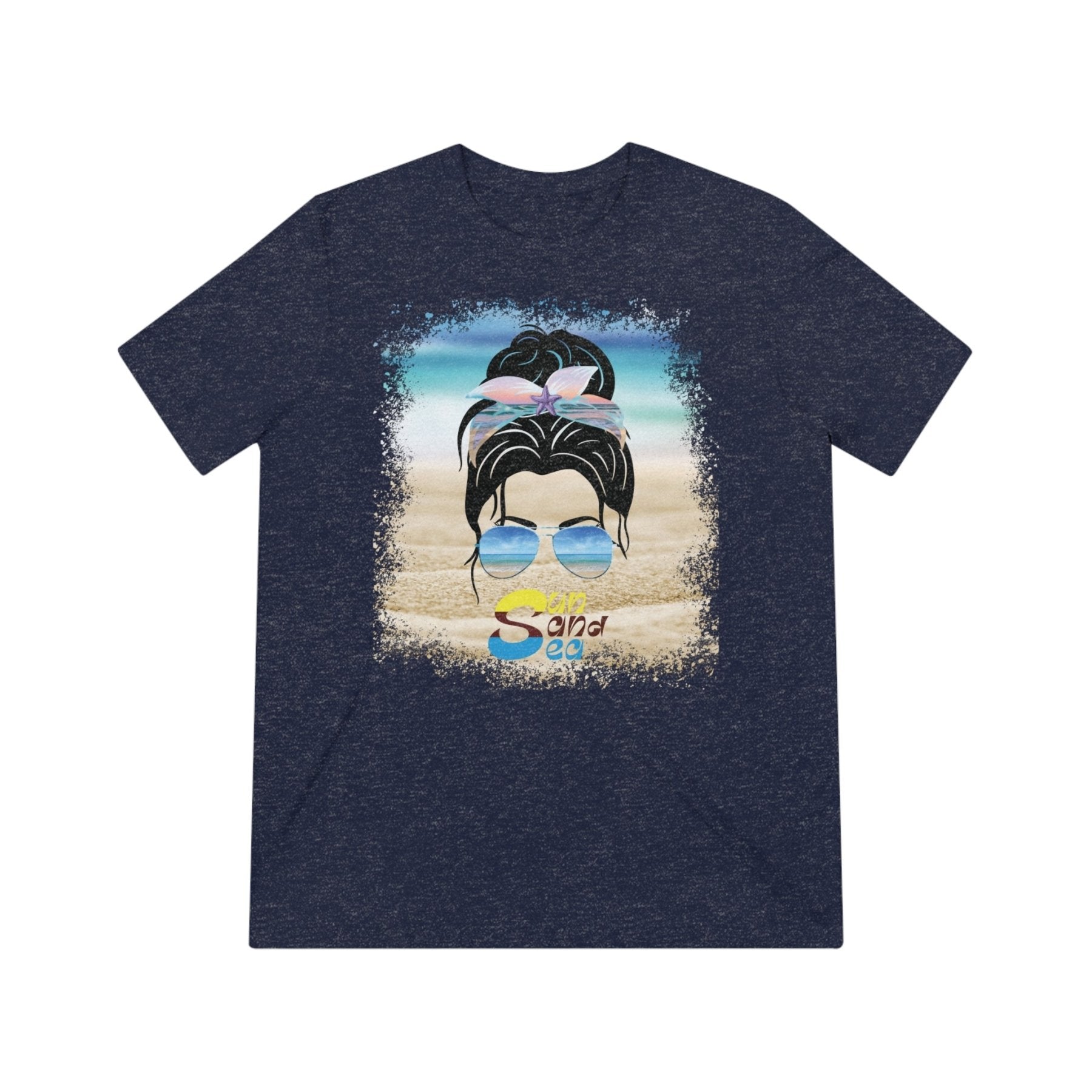 Sun Sand Sea, Black Hair Messy Bun, Unisex Triblend T-Shirt - Janlyn's Crafts