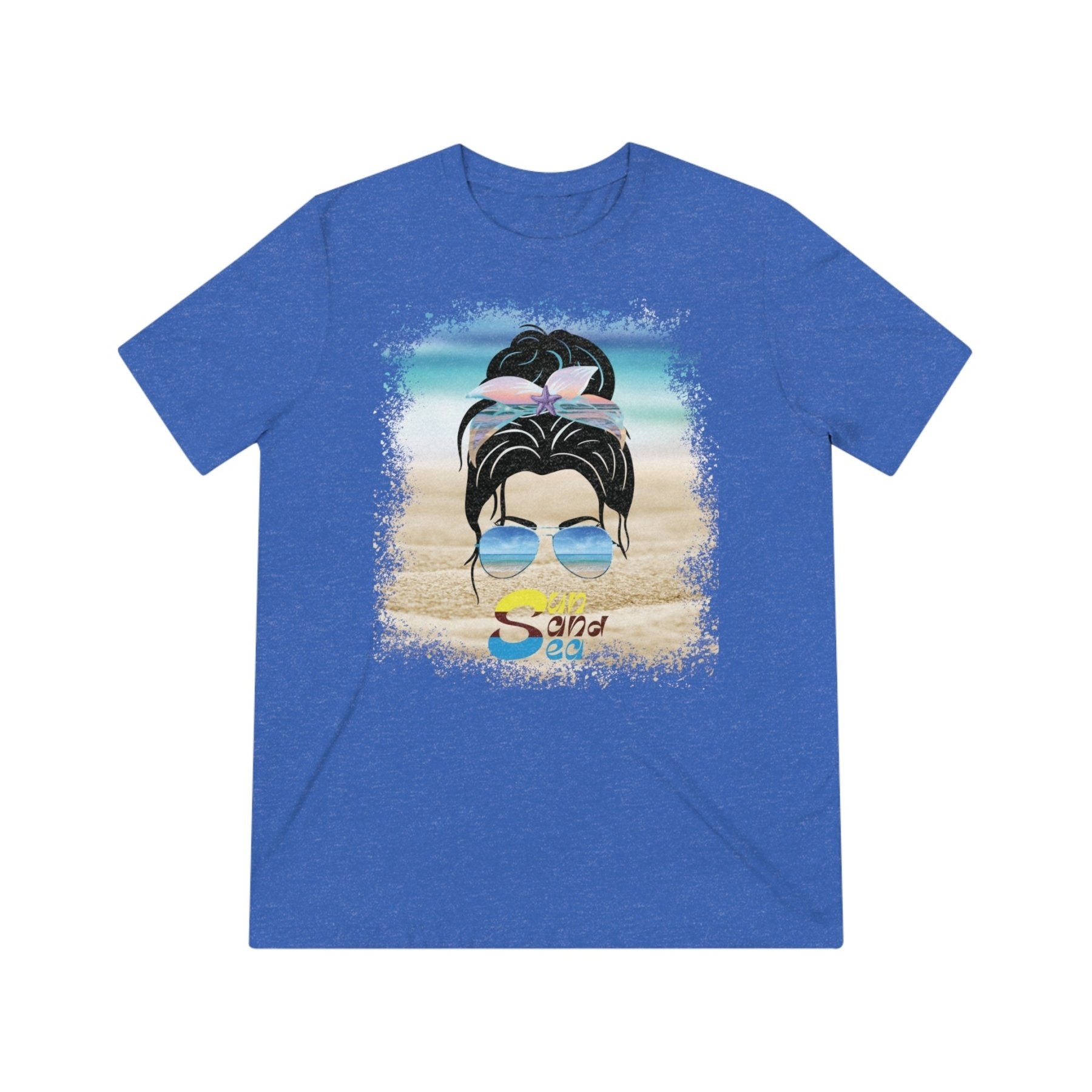 Sun Sand Sea, Black Hair Messy Bun, Unisex Triblend T-Shirt - Janlyn's Crafts