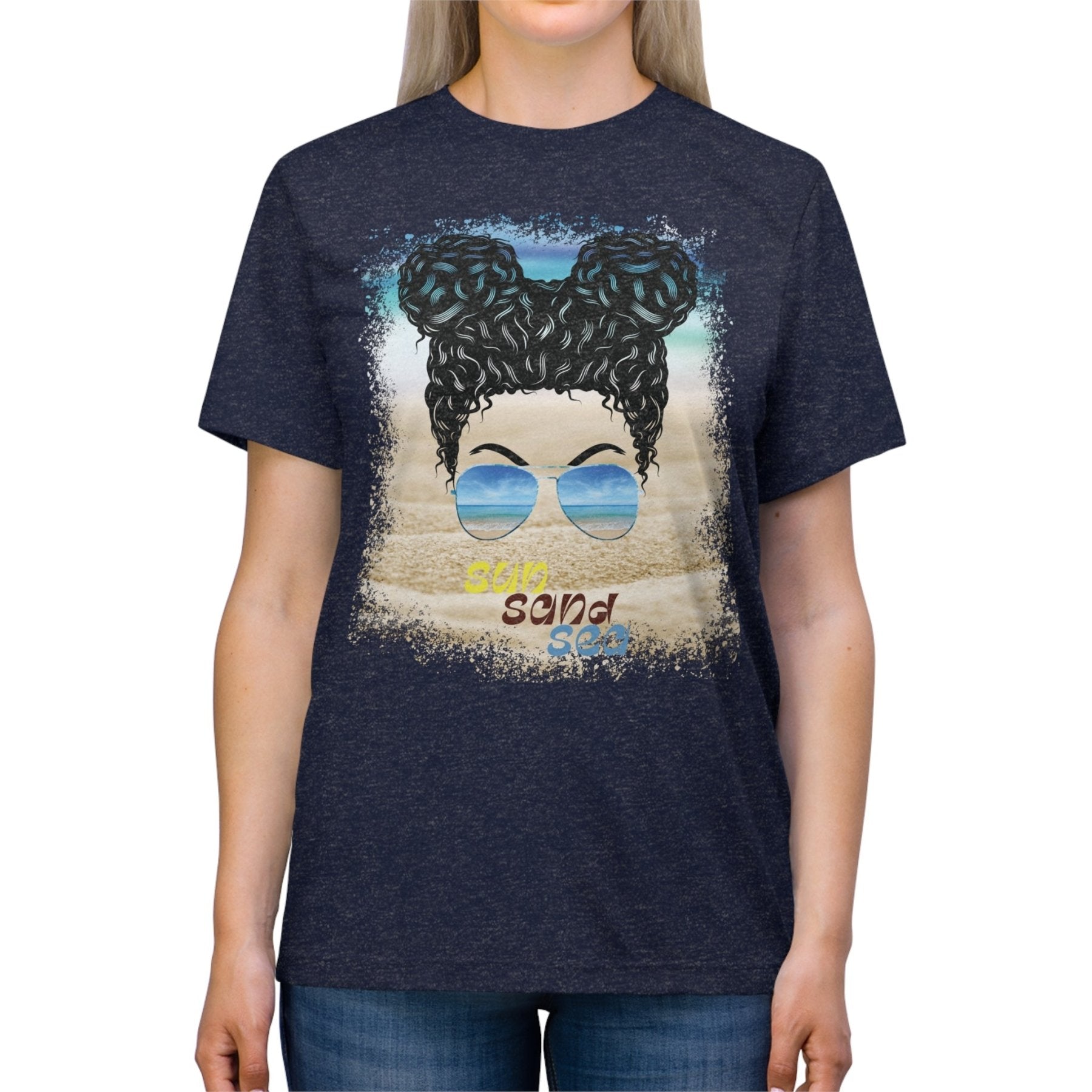 sun sand sea, Black Hair Messy Bun, Unisex Triblend T-Shirt - Janlyn's Crafts