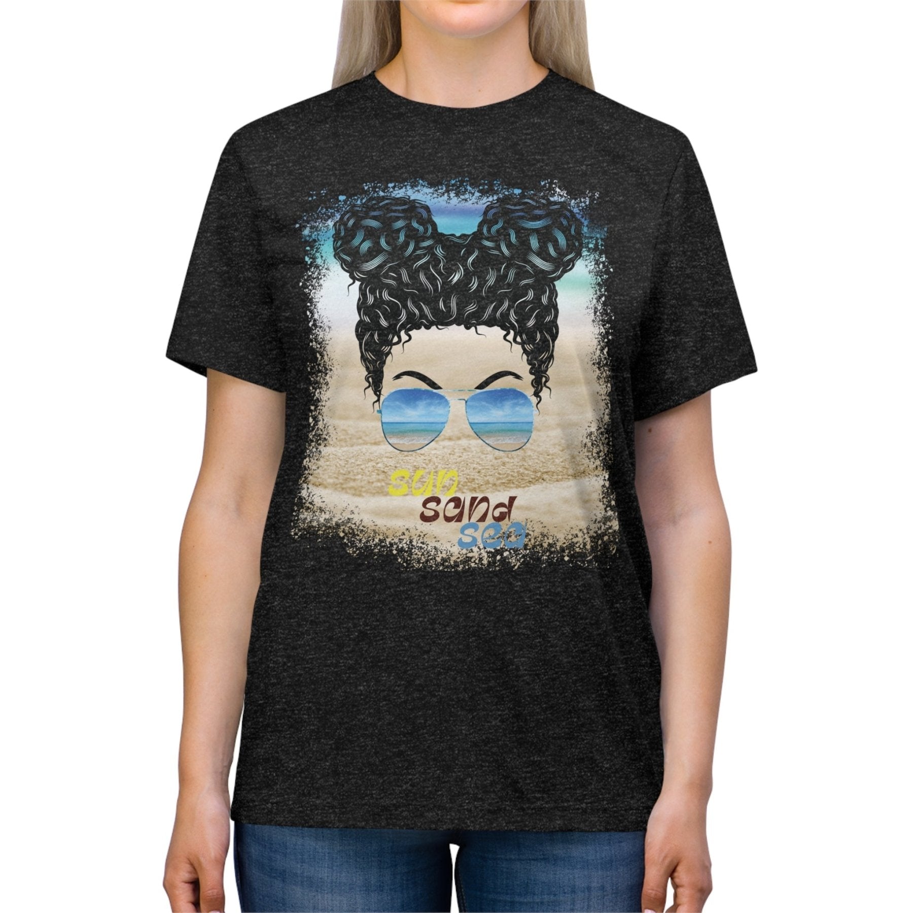 sun sand sea, Black Hair Messy Bun, Unisex Triblend T-Shirt - Janlyn's Crafts