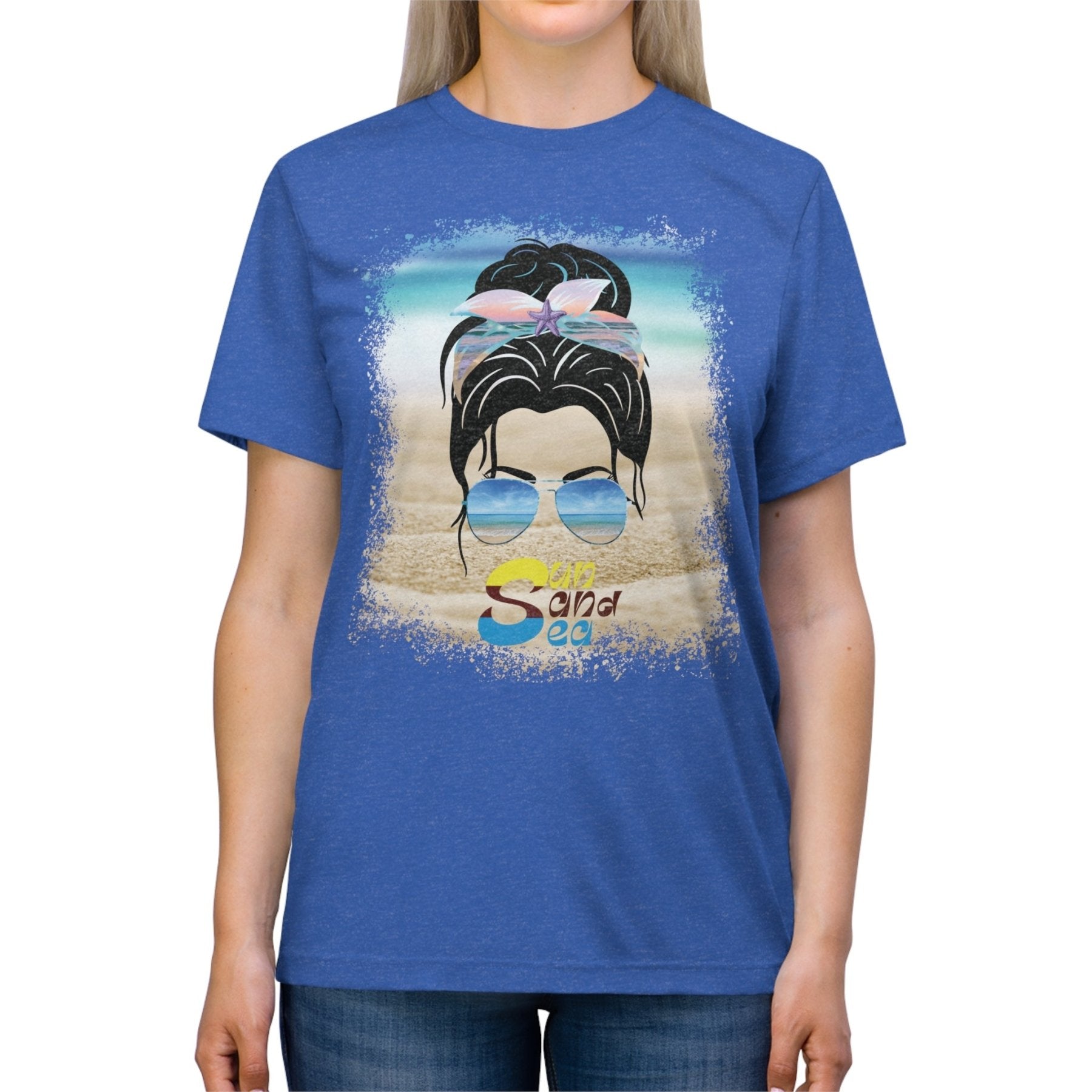 Sun Sand Sea, Black Hair Messy Bun, Unisex Triblend T-Shirt - Janlyn's Crafts