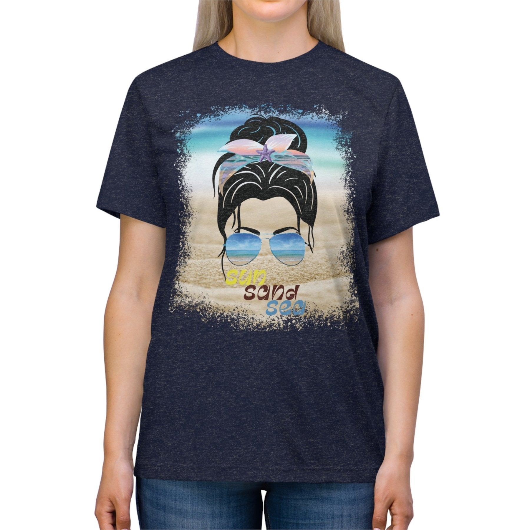 sun sand sea, Black Hair Messy Bun, Unisex Triblend T-Shirt - Janlyn's Crafts