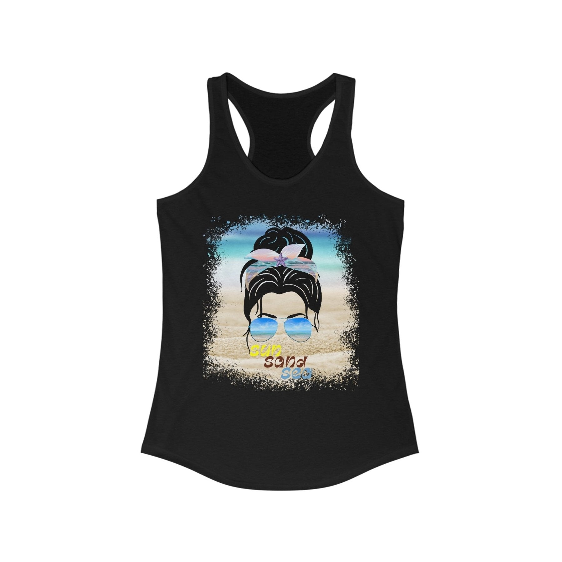 sun sand sea, Black Hair Messy Bun, Women's Ideal Racerback Tank - Janlyn's Crafts