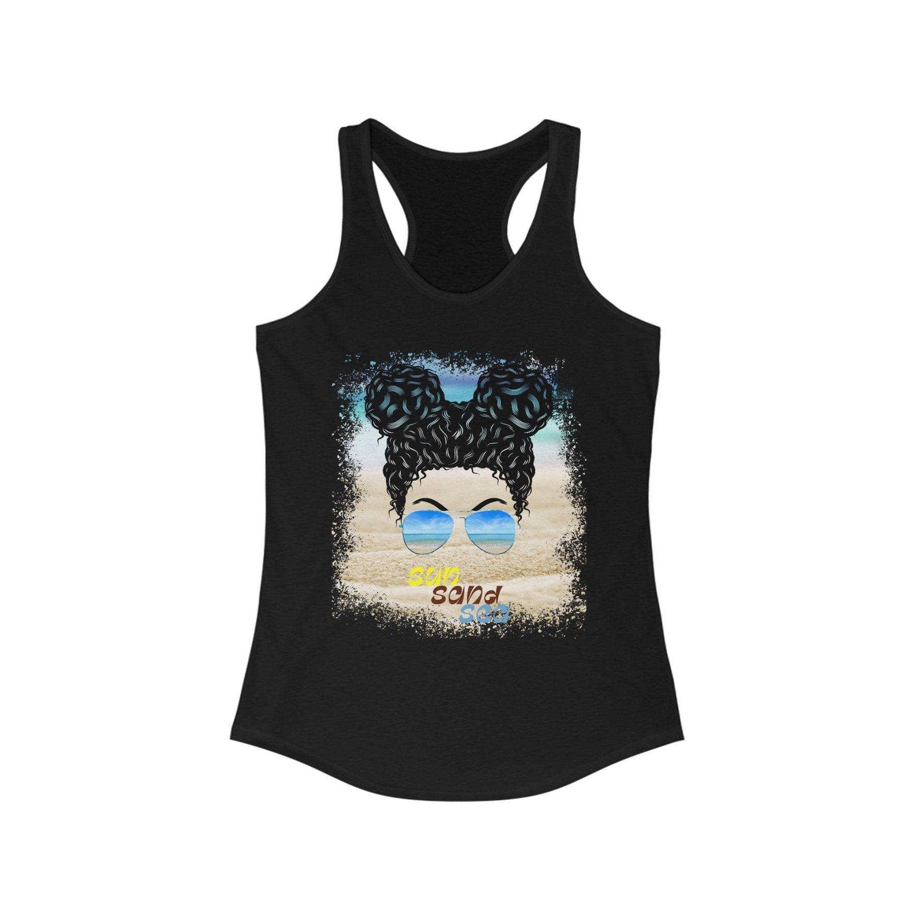 sun sand sea, Black Hair Messy Bun, Women's Ideal Racerback Tank - Janlyn's Crafts