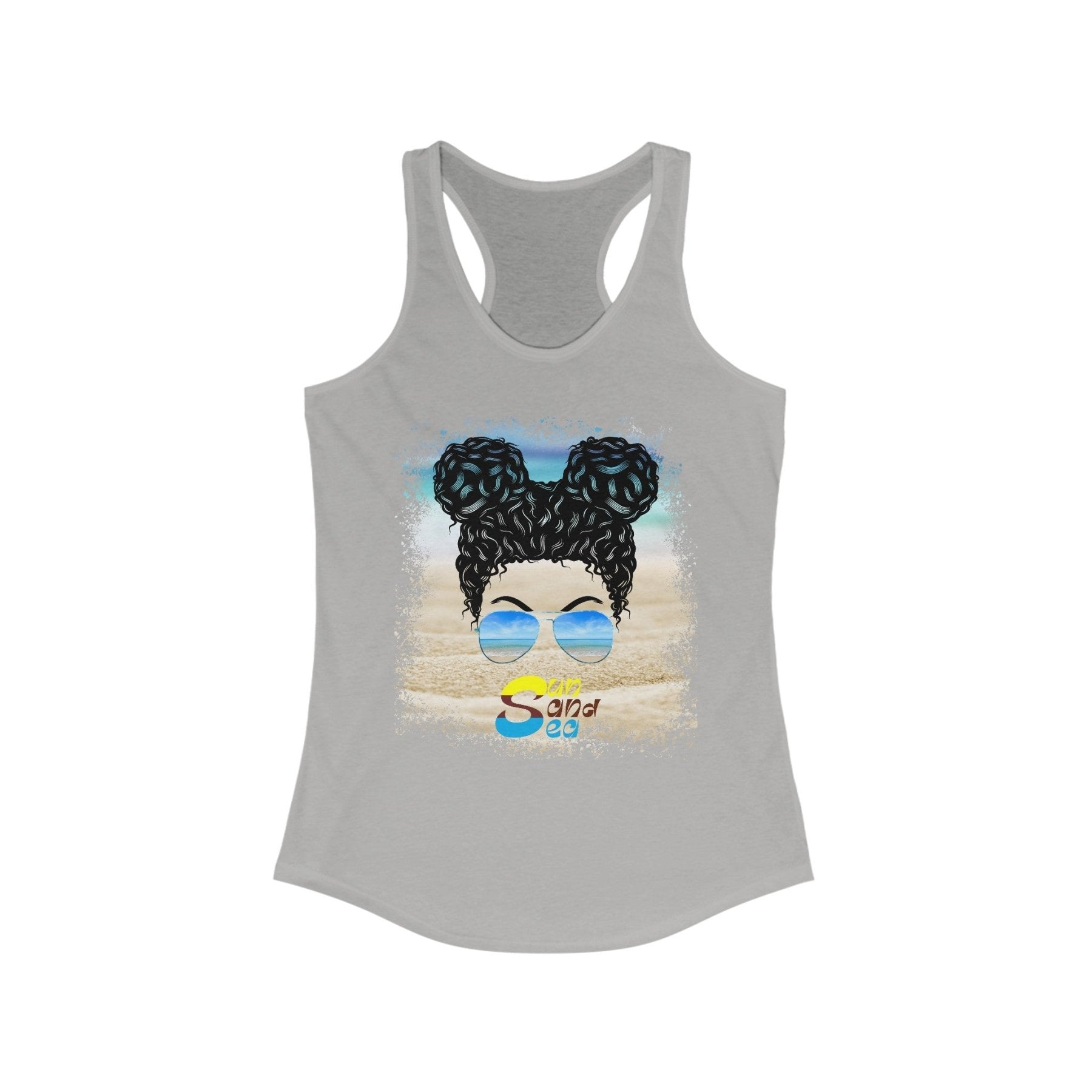 Sun Sand Sea, Black Hair Messy Bun, Women's Ideal Racerback Tank - Janlyn's Crafts