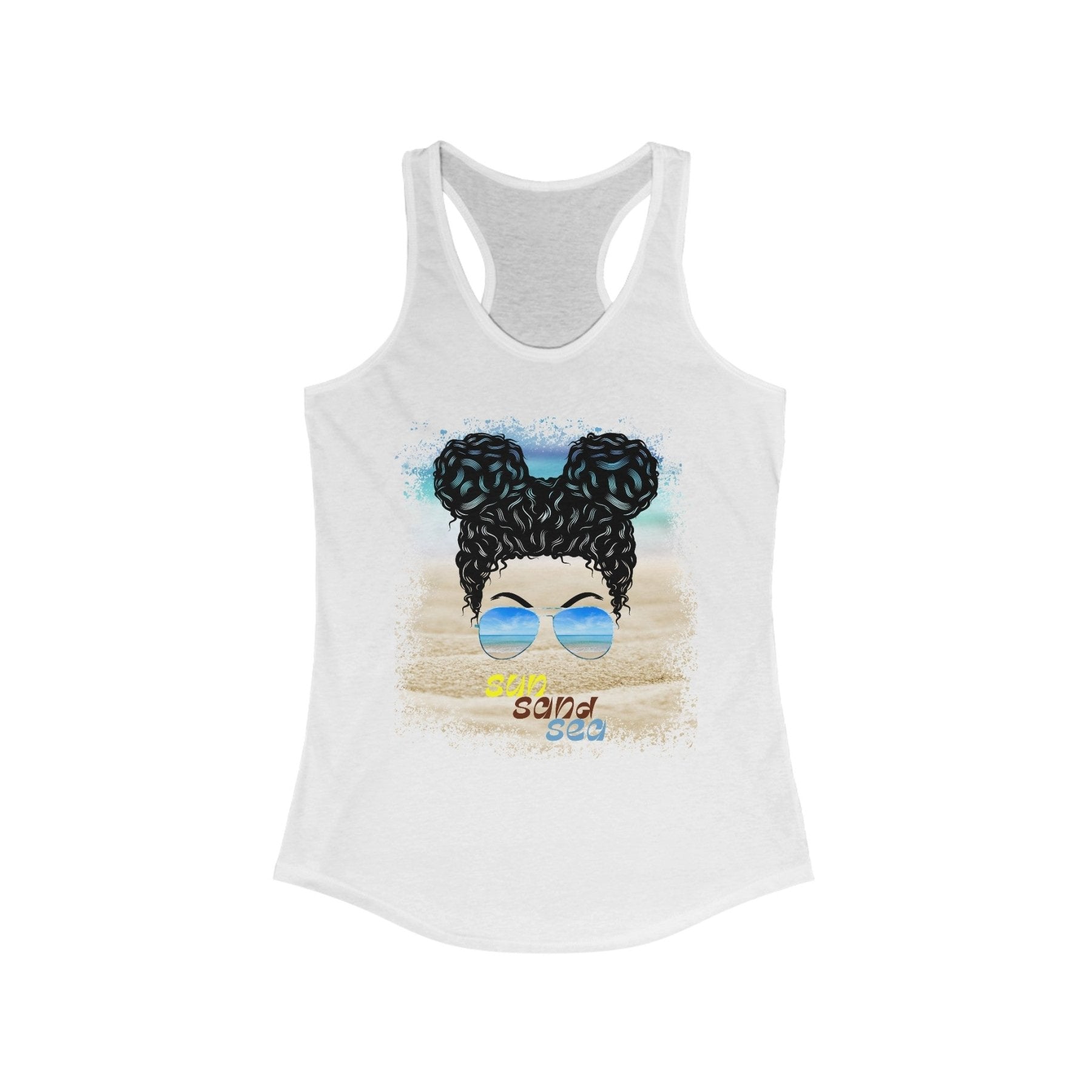 sun sand sea, Black Hair Messy Bun, Women's Ideal Racerback Tank - Janlyn's Crafts