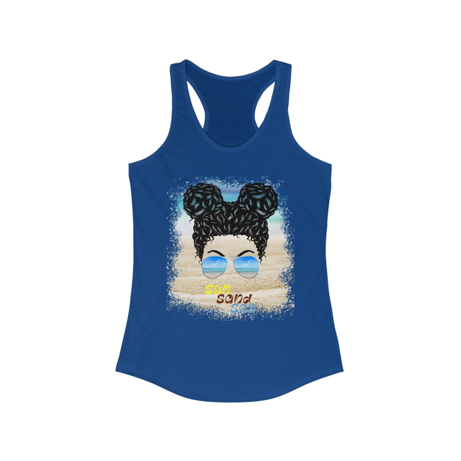 sun sand sea, Black Hair Messy Bun, Women's Ideal Racerback Tank - Janlyn's Crafts