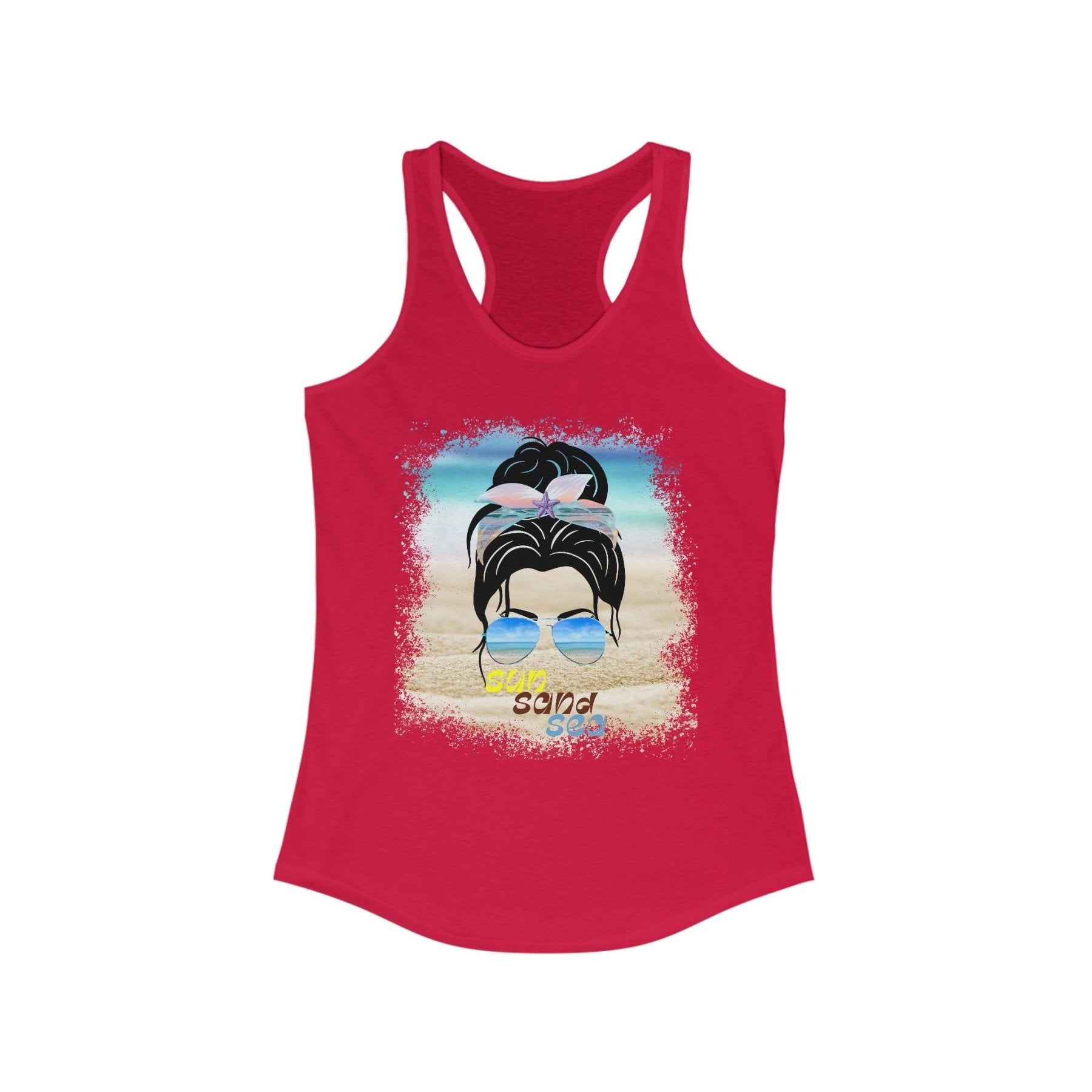 sun sand sea, Black Hair Messy Bun, Women's Ideal Racerback Tank - Janlyn's Crafts