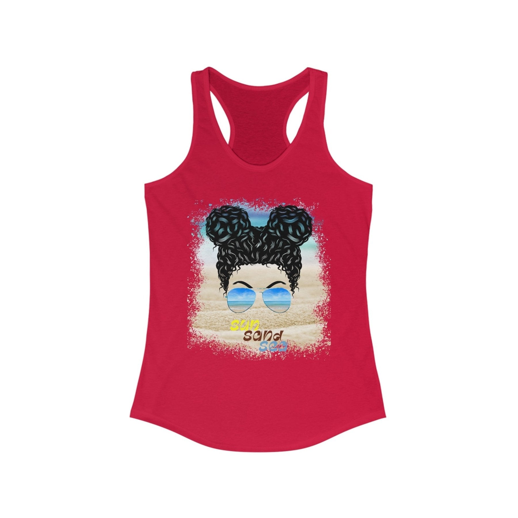 sun sand sea, Black Hair Messy Bun, Women's Ideal Racerback Tank - Janlyn's Crafts