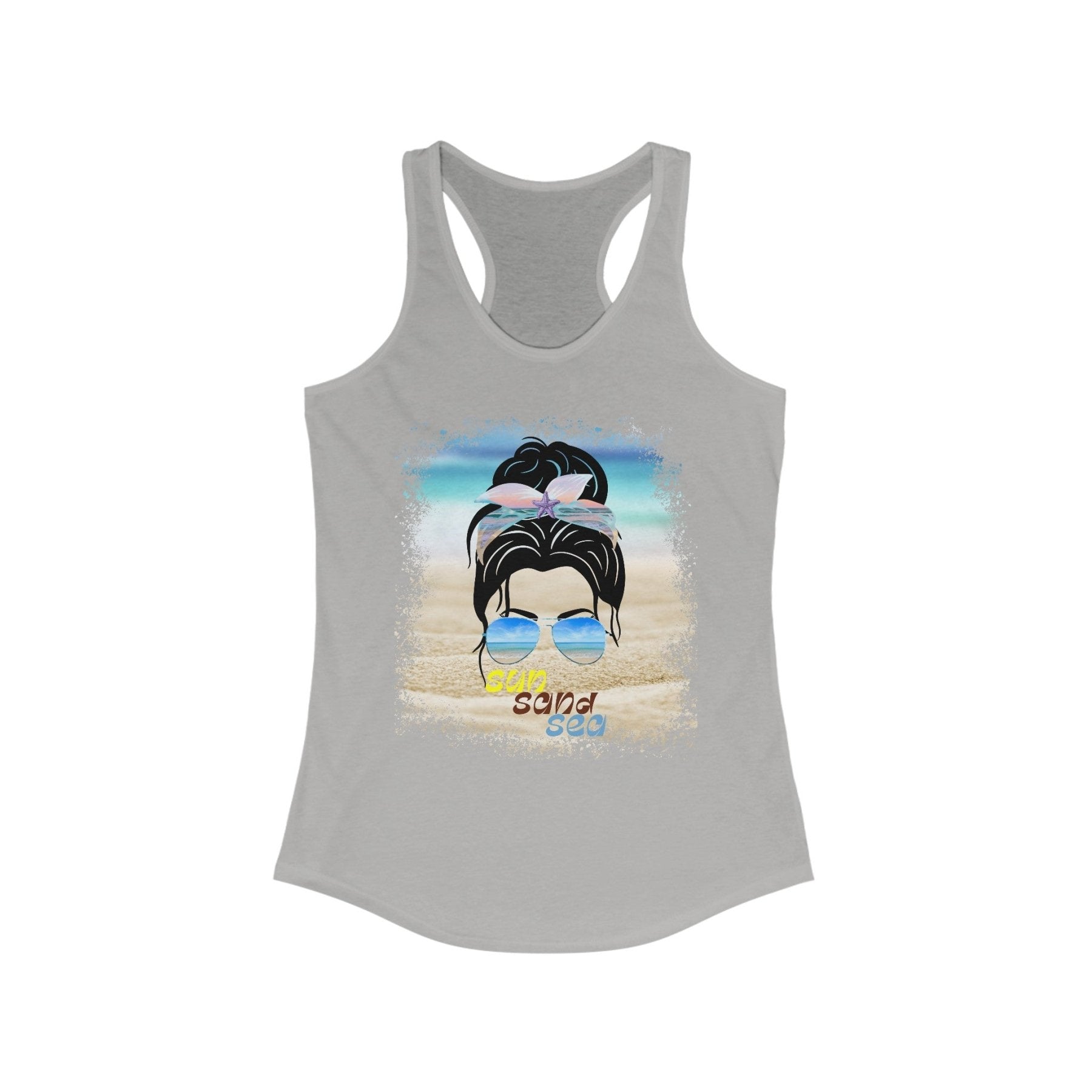 sun sand sea, Black Hair Messy Bun, Women's Ideal Racerback Tank - Janlyn's Crafts