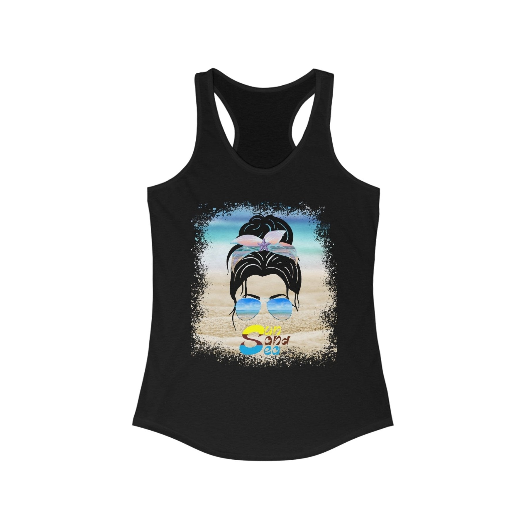 Sun Sand Sea, Black Hair Messy Bun, Women's Ideal Racerback Tank - Janlyn's Crafts