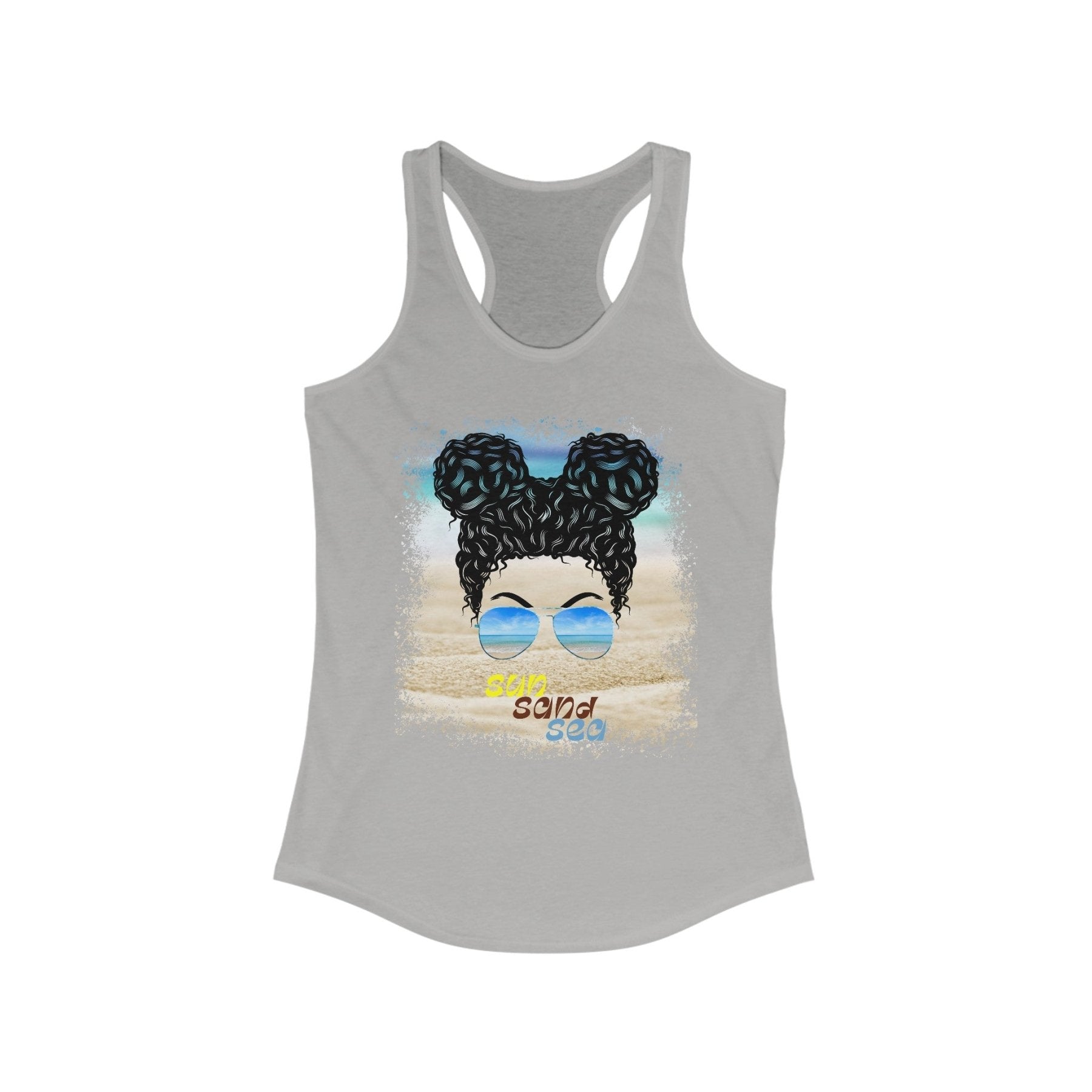 sun sand sea, Black Hair Messy Bun, Women's Ideal Racerback Tank - Janlyn's Crafts