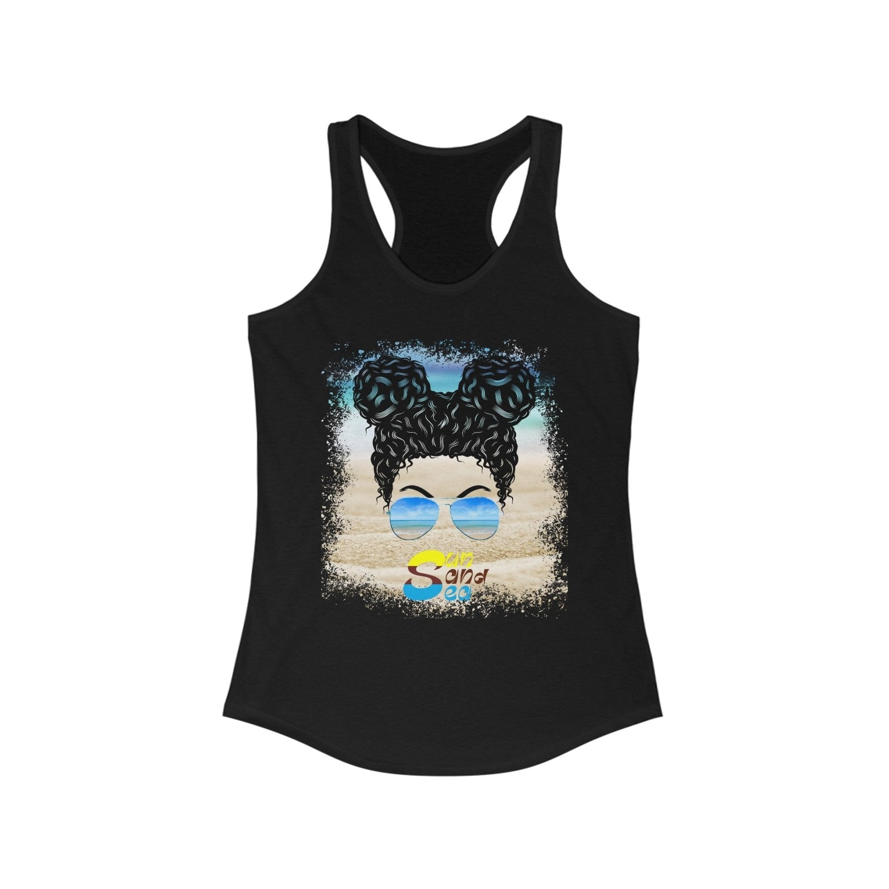 Sun Sand Sea, Black Hair Messy Bun, Women's Ideal Racerback Tank - Janlyn's Crafts