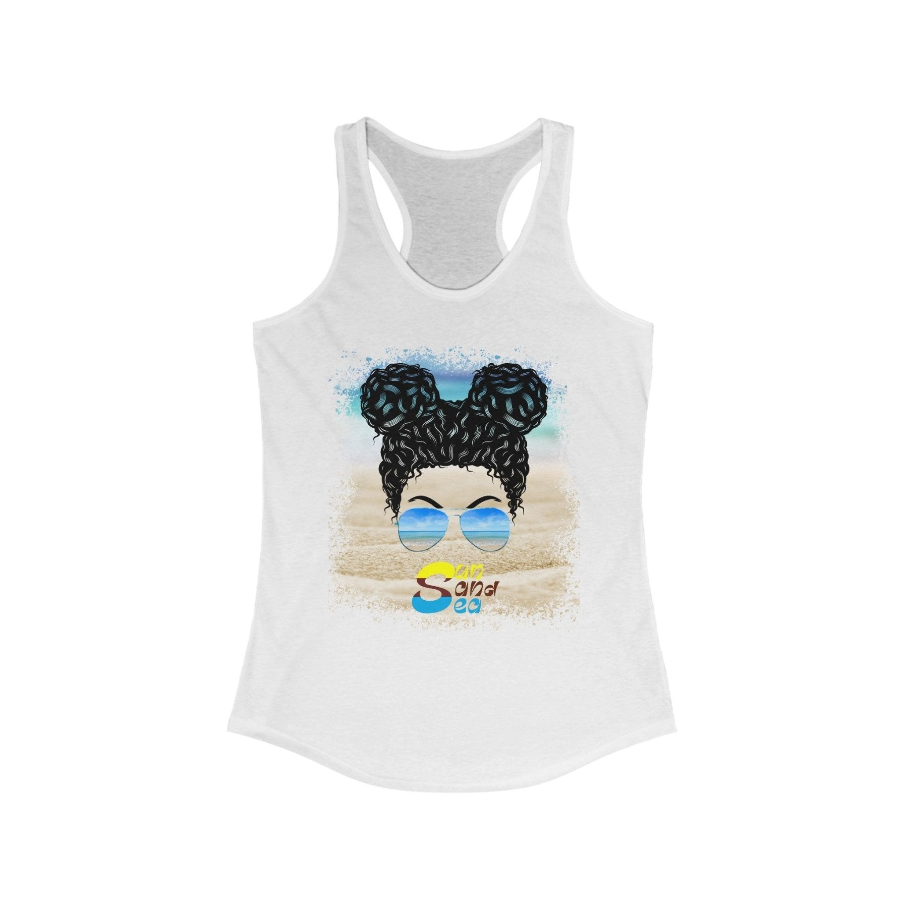 Sun Sand Sea, Black Hair Messy Bun, Women's Ideal Racerback Tank - Janlyn's Crafts