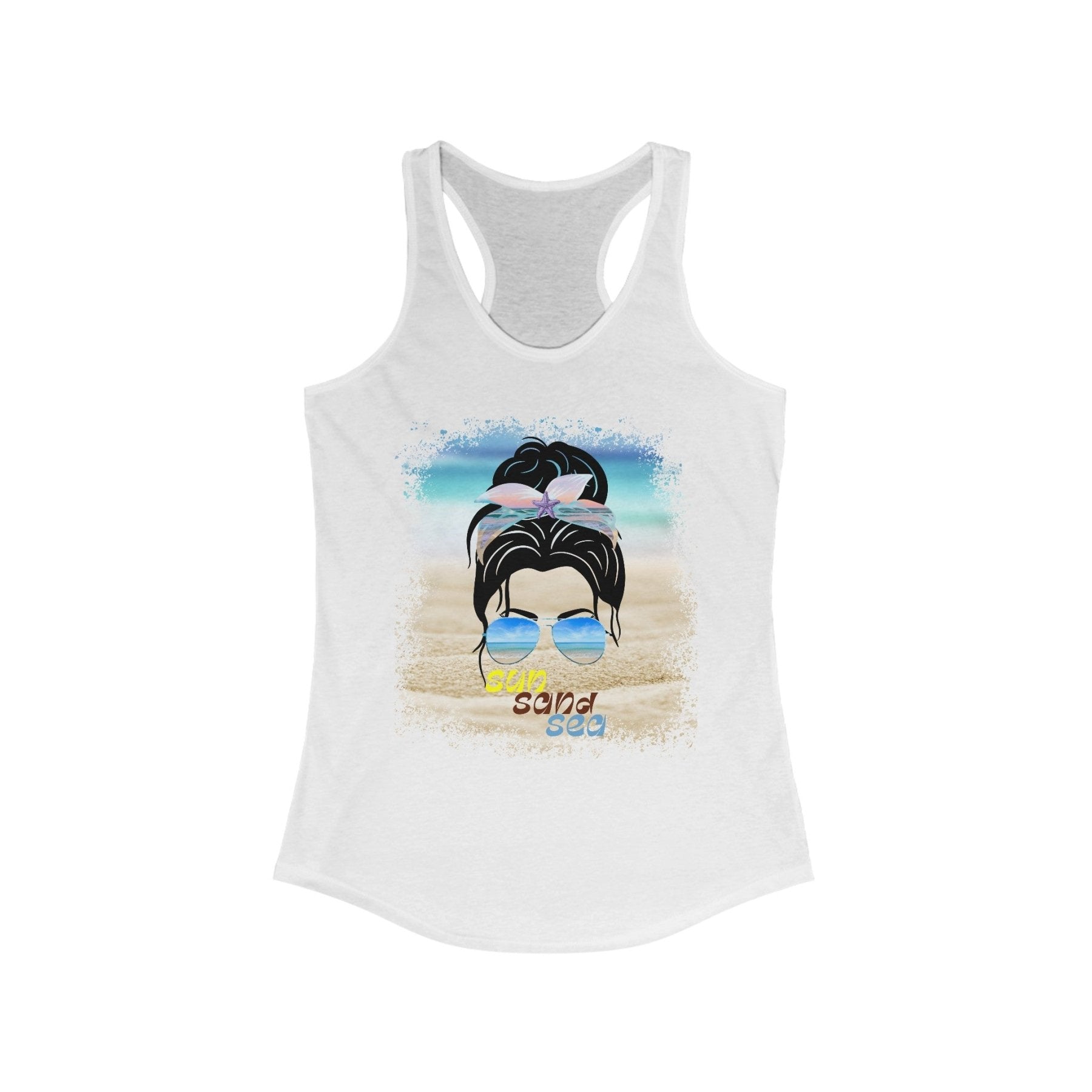 sun sand sea, Black Hair Messy Bun, Women's Ideal Racerback Tank - Janlyn's Crafts