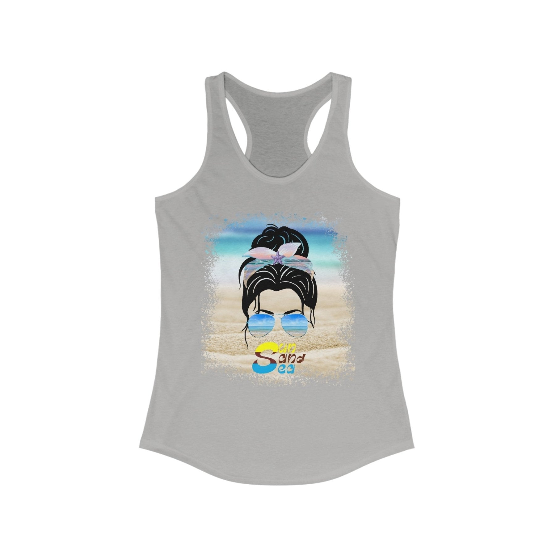 Sun Sand Sea, Black Hair Messy Bun, Women's Ideal Racerback Tank - Janlyn's Crafts