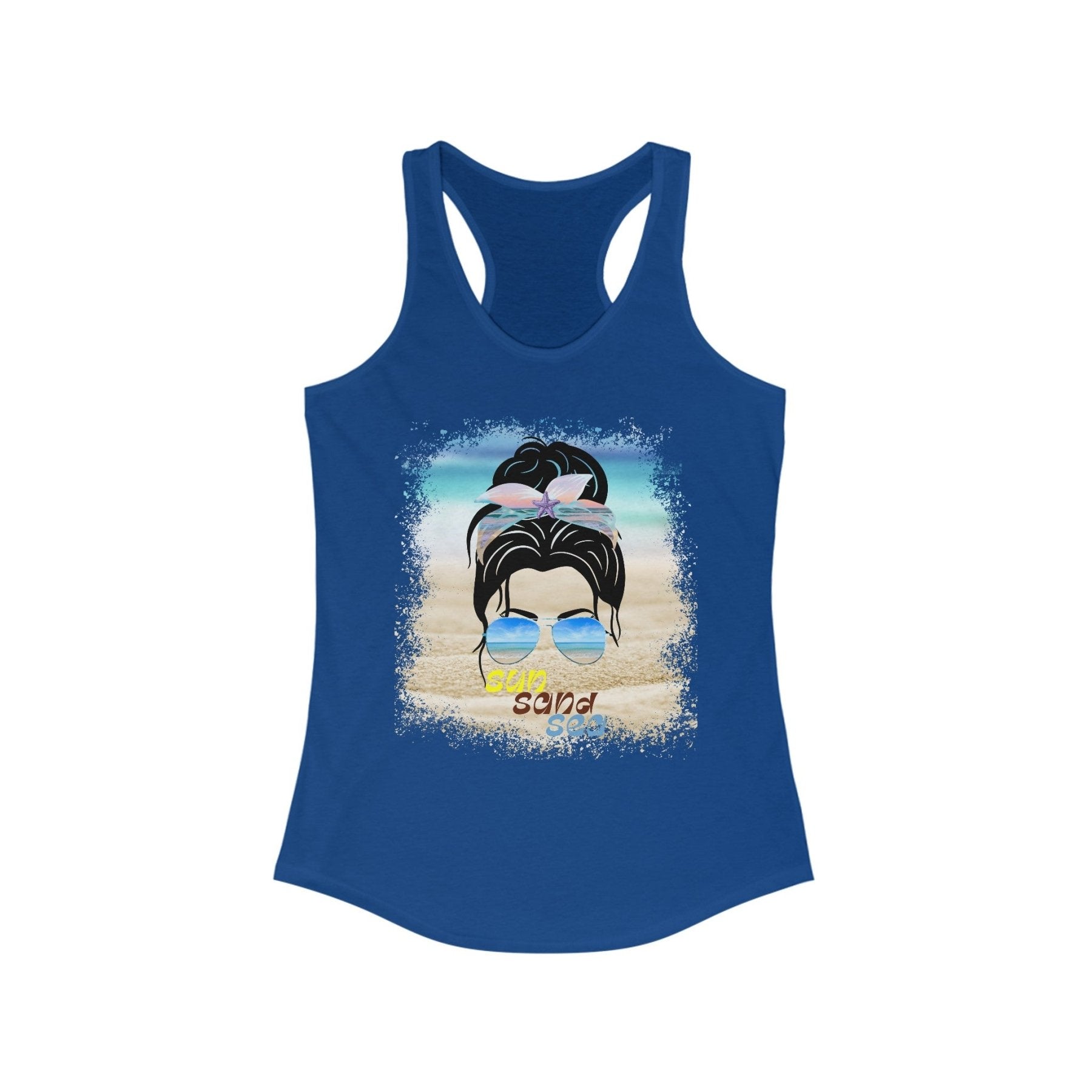 sun sand sea, Black Hair Messy Bun, Women's Ideal Racerback Tank - Janlyn's Crafts